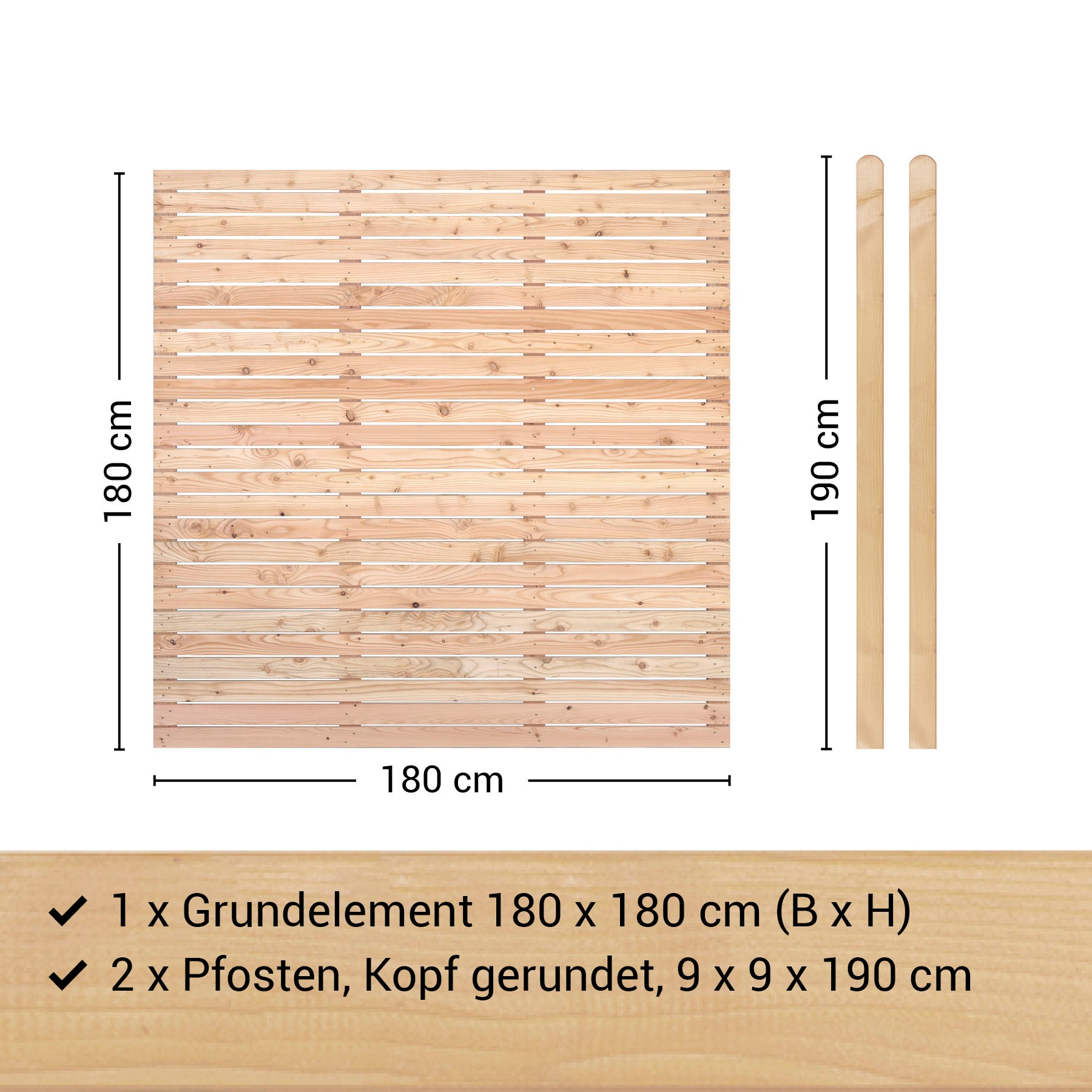 BM Massivholz Zaun »Kurt Set 1«, 1 Zaunelement 180 x 180cm, 2 Pfosten, Kopf gerundet, Länge 190cm
