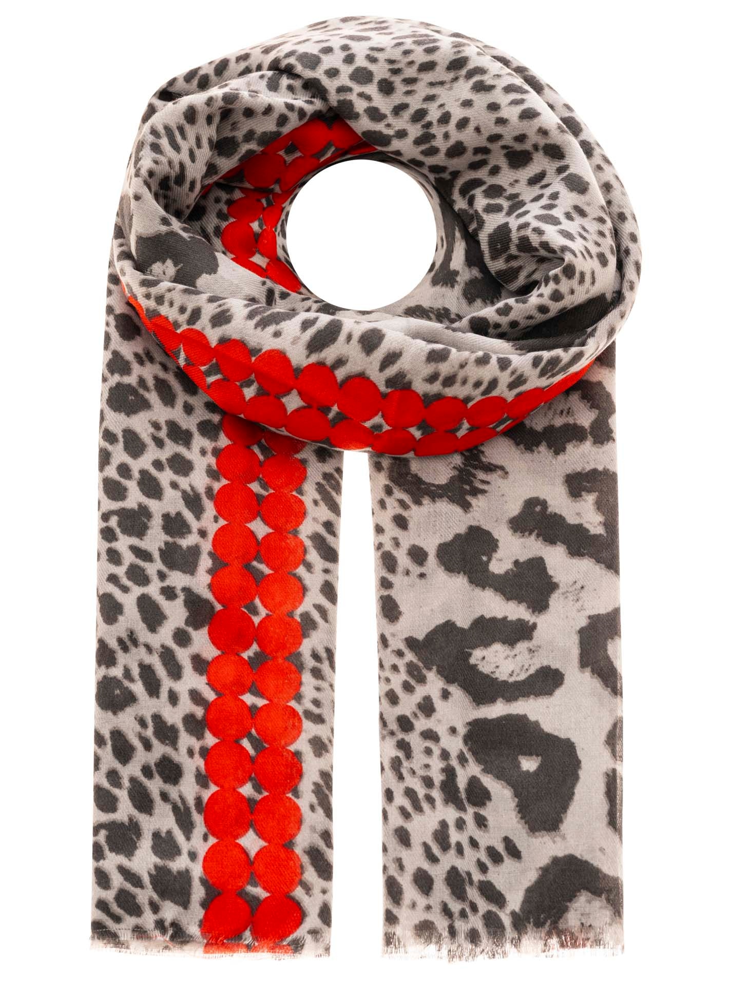 Zwillingsherz Schal ""Leo & Colors"" Leomuster, rotes Detail, Fransen günstig online kaufen