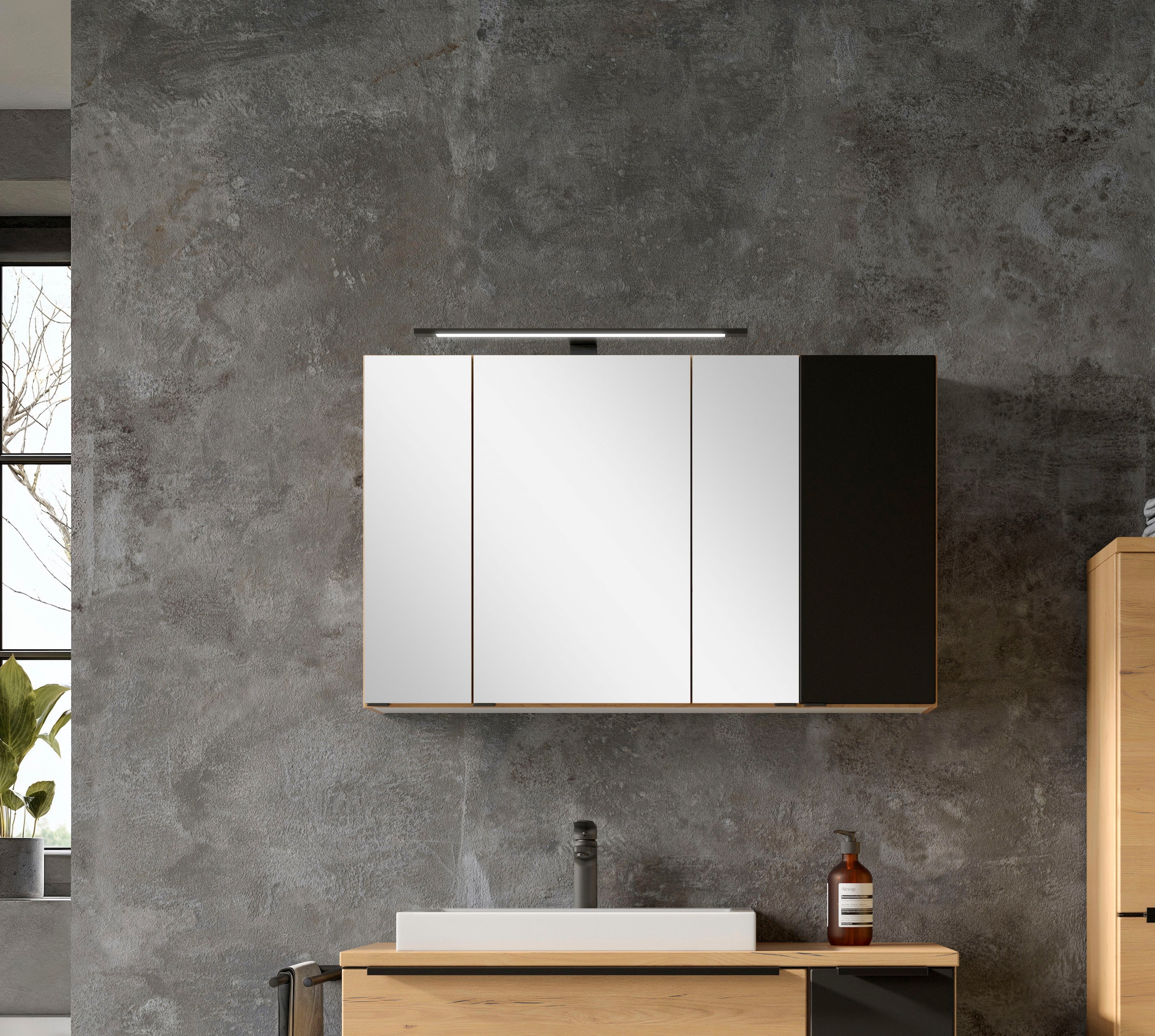 welltime Spiegelschrank »MAILAND, gedämpfte Scharniere, LED-Aufbauleuchte« Maße (B/H/T): ca. 105/64/20 cm,  Wildeiche/matt schwarz, LED-Aufbauleuchte, gedämpfte Scharniere