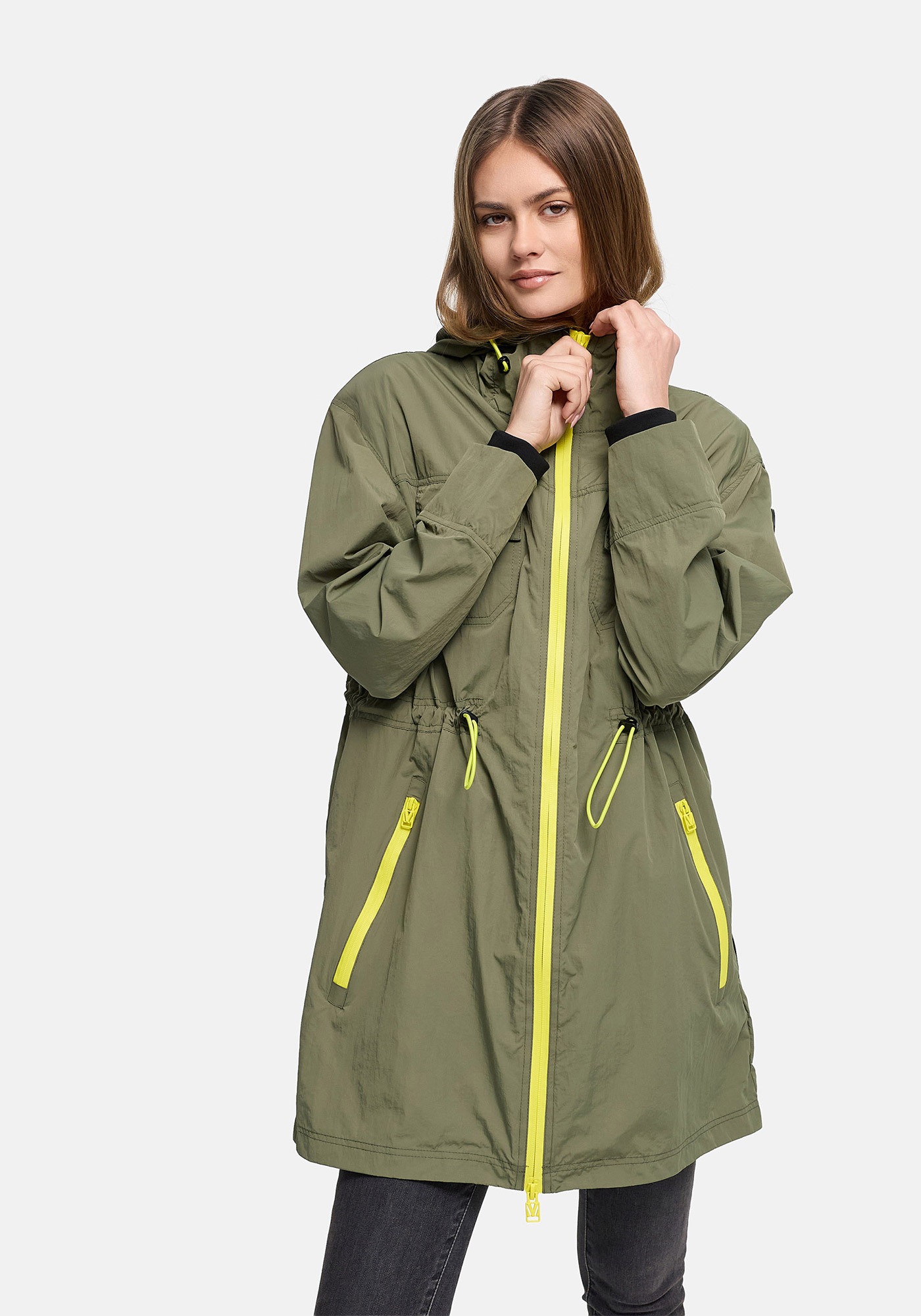 Marikoo Outdoorjacke "Trüffelbonbon" Langer Windbreaker mit Kordelzug und Kontrastreißverschluss
