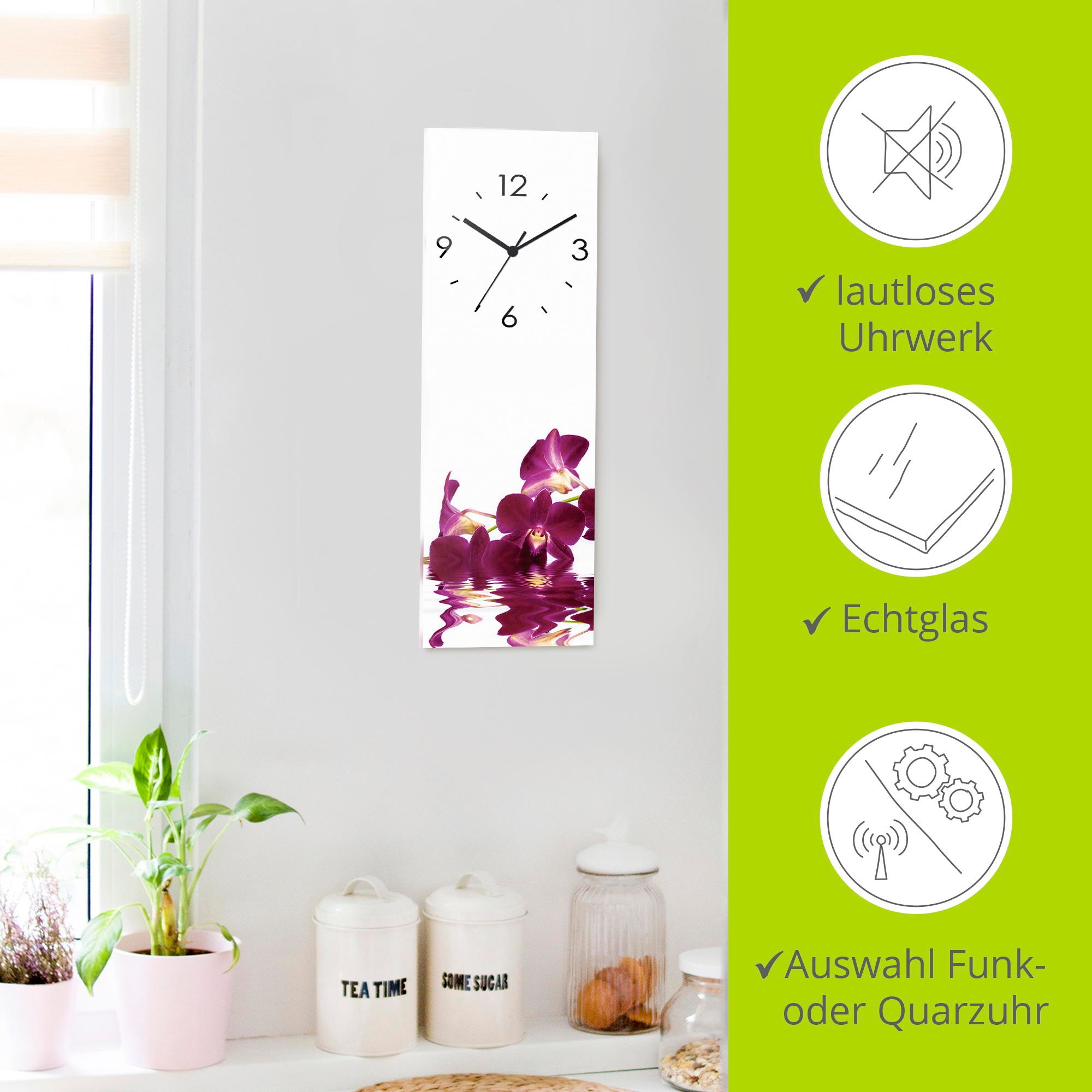 Artland Wanduhr »Phalaenopsis Orchidee«, wahlweise mit Quarz- oder Funkuhrwerk, lautlos ohne Tickgeräusche