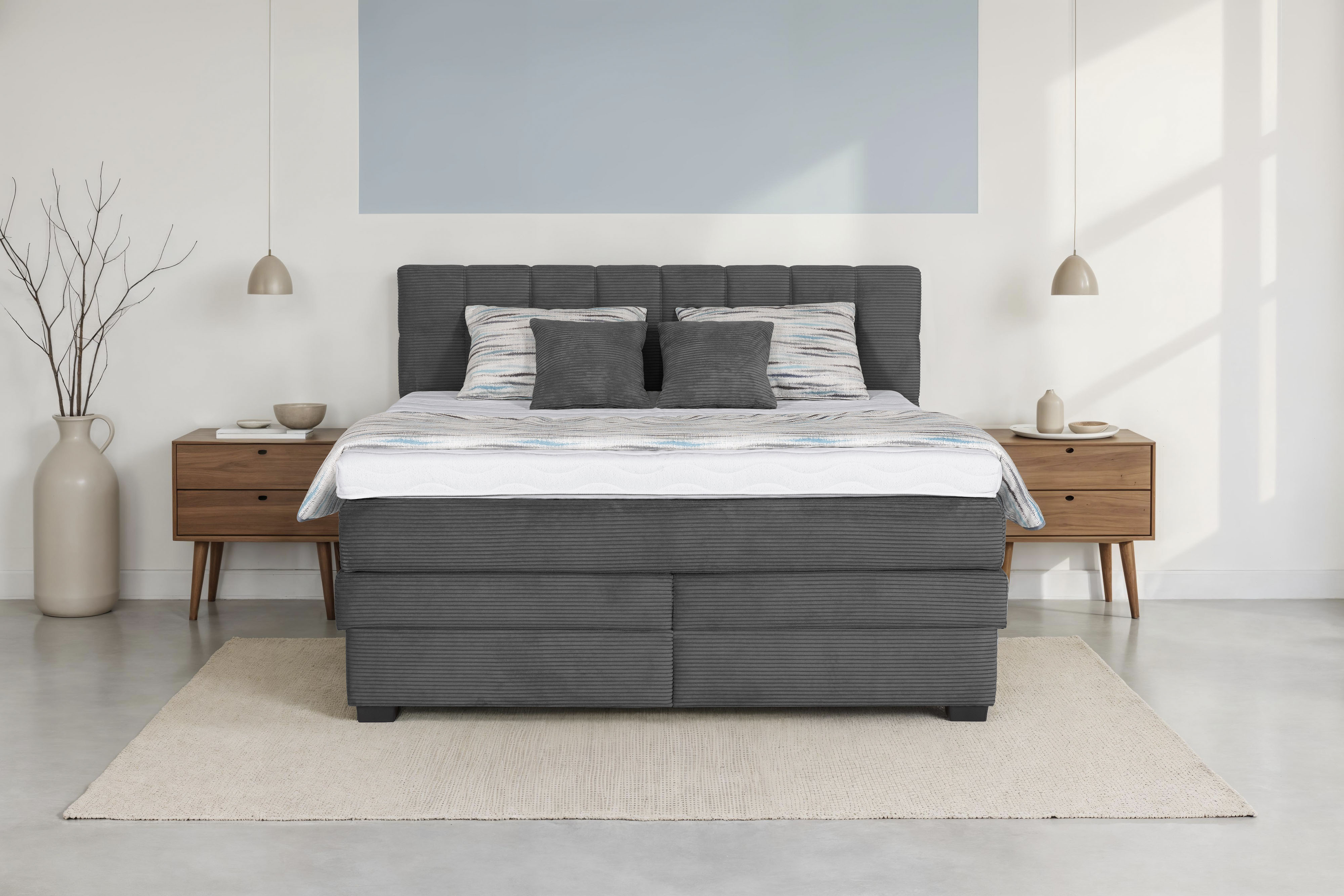 Die PlanBar Boxspringbett "OC-ON21088" inkl. Matratzen u. Bonellfederkern Unterbau, Stauraum, 160/180x200cm