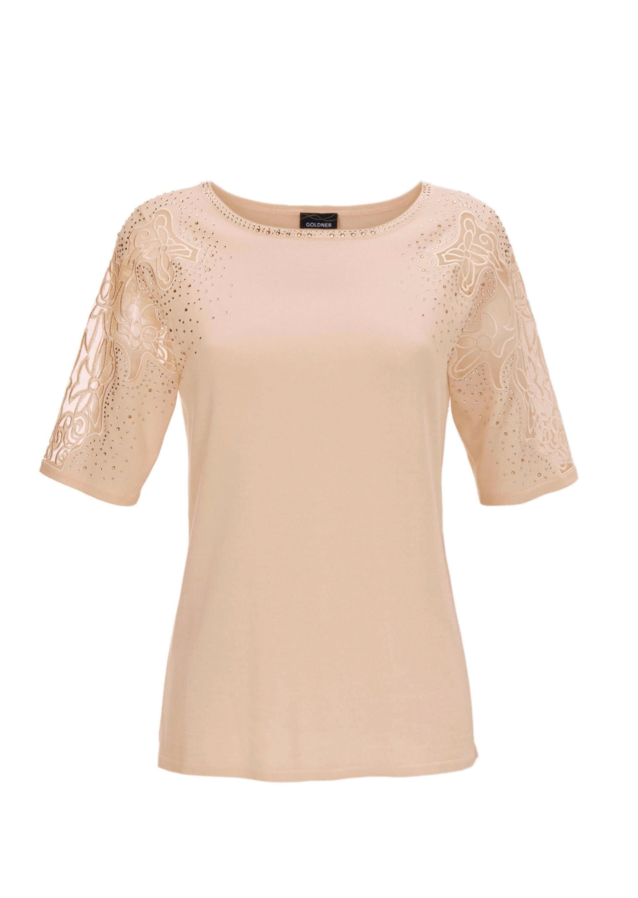 GOLDNER Rundhalspullover "Kurzgröße Halbarmshirt mit transparenten Details" mit Glitzersteinen und Spitze