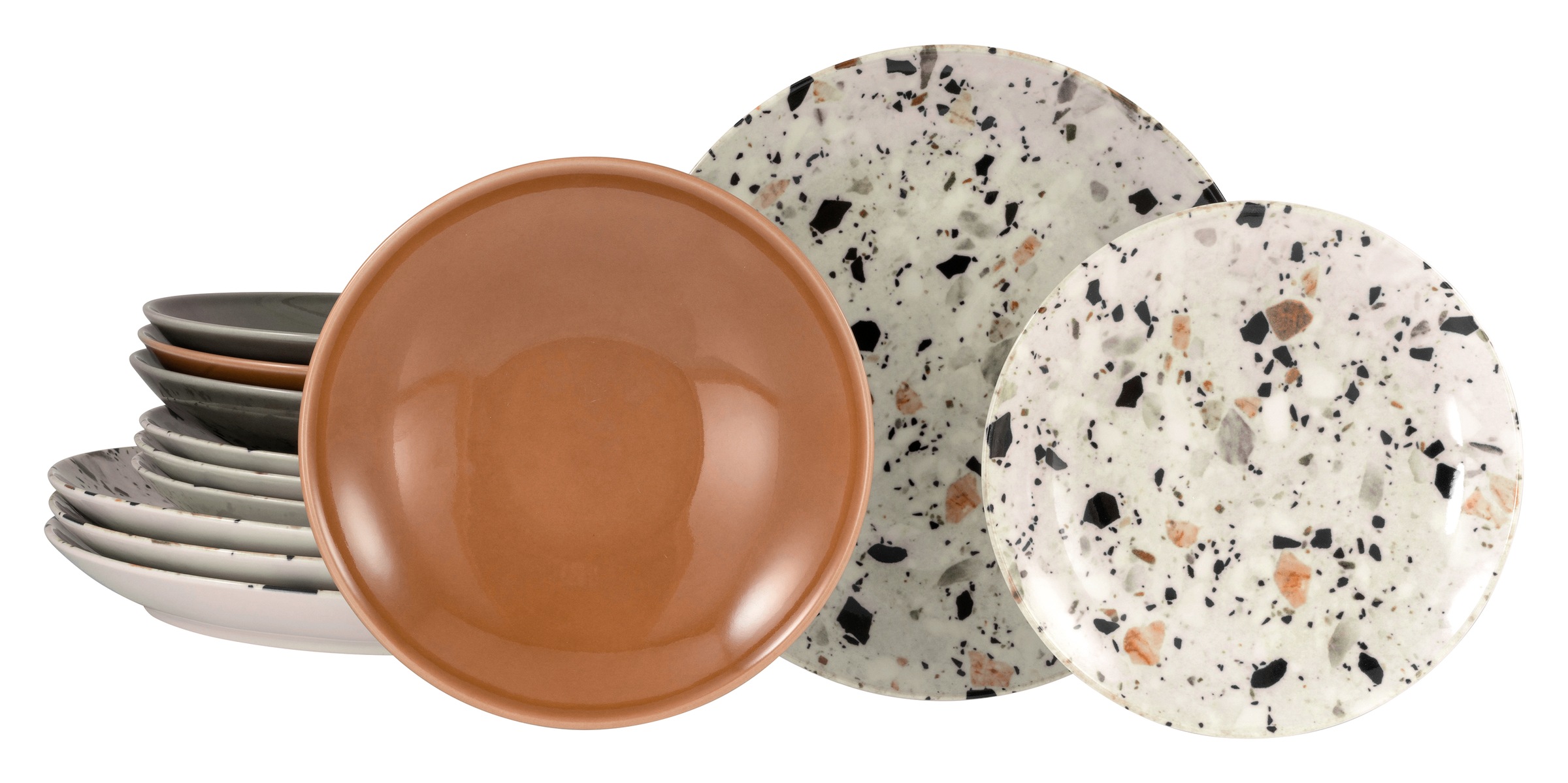 CREATABLE Teller-Set "Terrazzo Mix, Tellerset 12-tlg.", 12bunt, Geschirr-Sets, Unregelmäßige Steine, Steinoptik