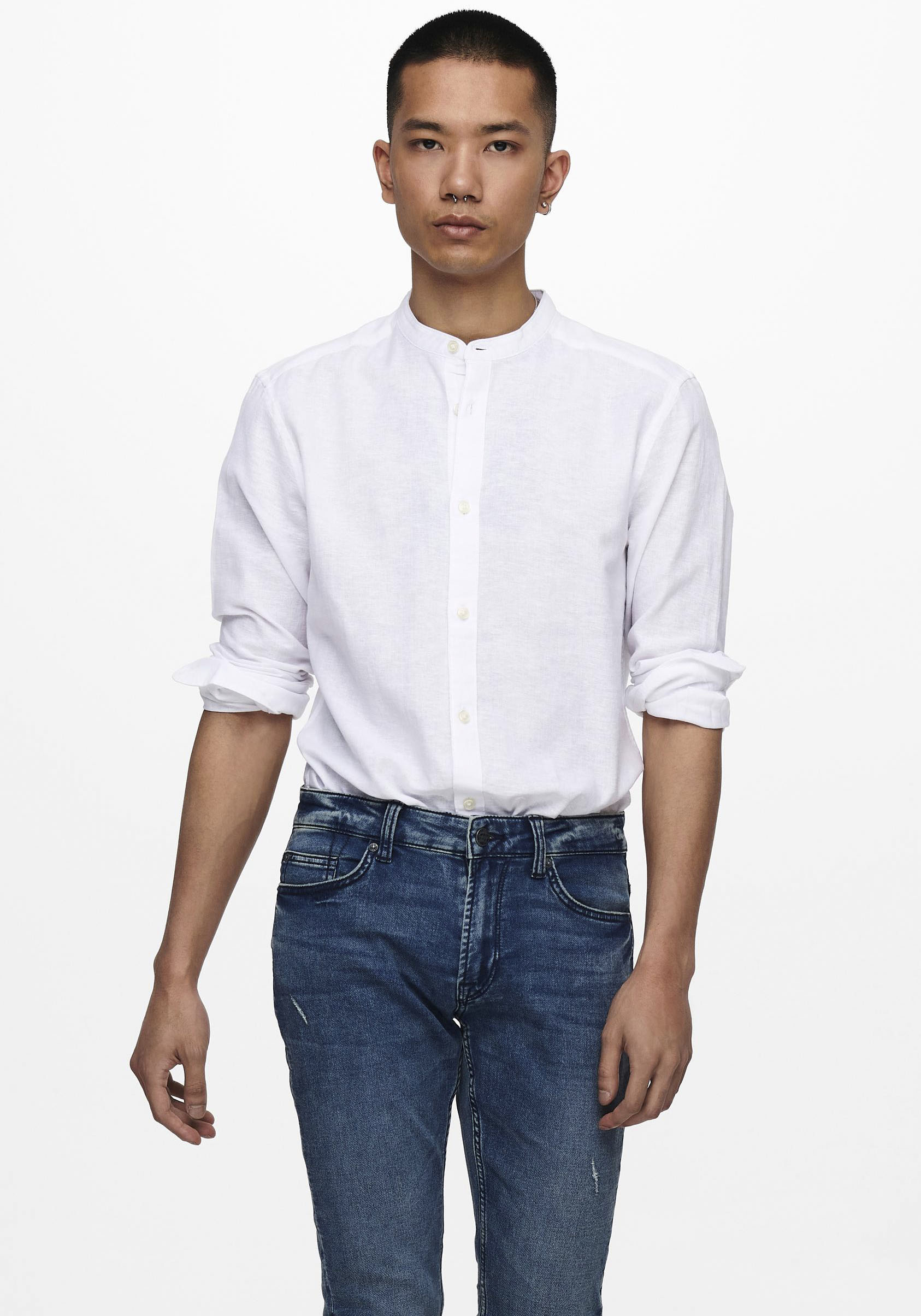 ONLY & SONS Langarmhemd "ONSCAIDEN LS SOLID LINEN MAO SHIRT NOOS" Baumwolle mit Leinen, slim fit