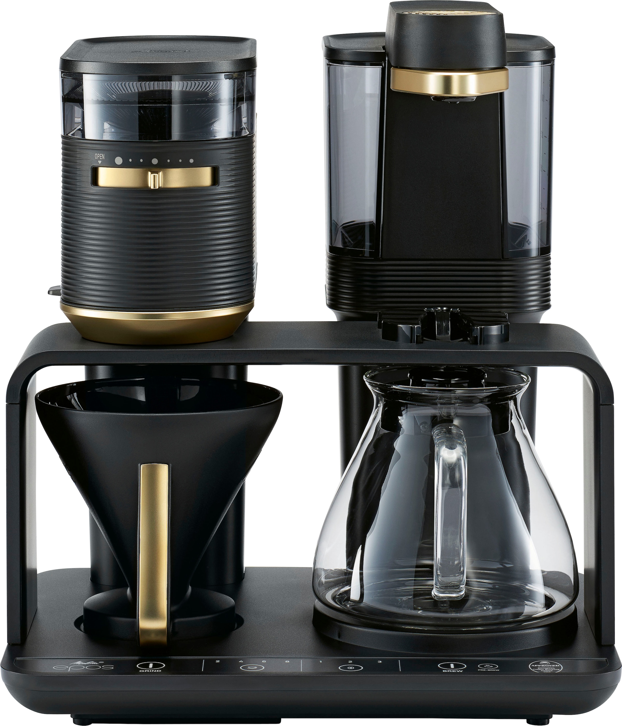 Melitta Kaffeemaschine mit Mahlwerk »EPOS® 1024-04«, 1 l Kaffeekanne, Papierfilter, 1x4, Schwarz/Gold, 360°rotierender Wasserauslauf