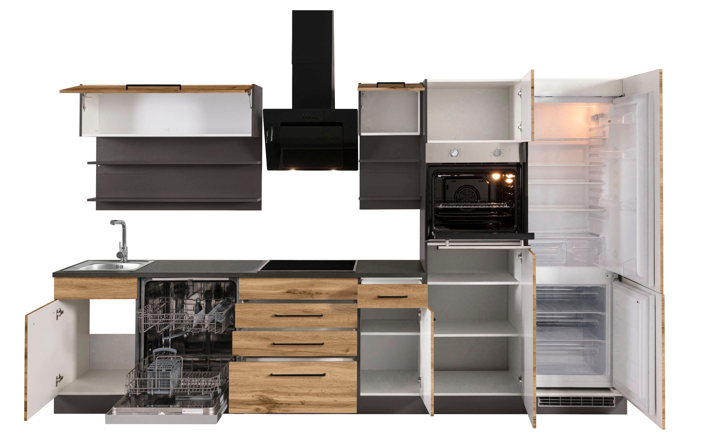 KOCHSTATION Küchenzeile »KS-Tulsa«, mit E-Geräten, Breite 330 cm, schwarze Metallgriffe, MDF Fronten