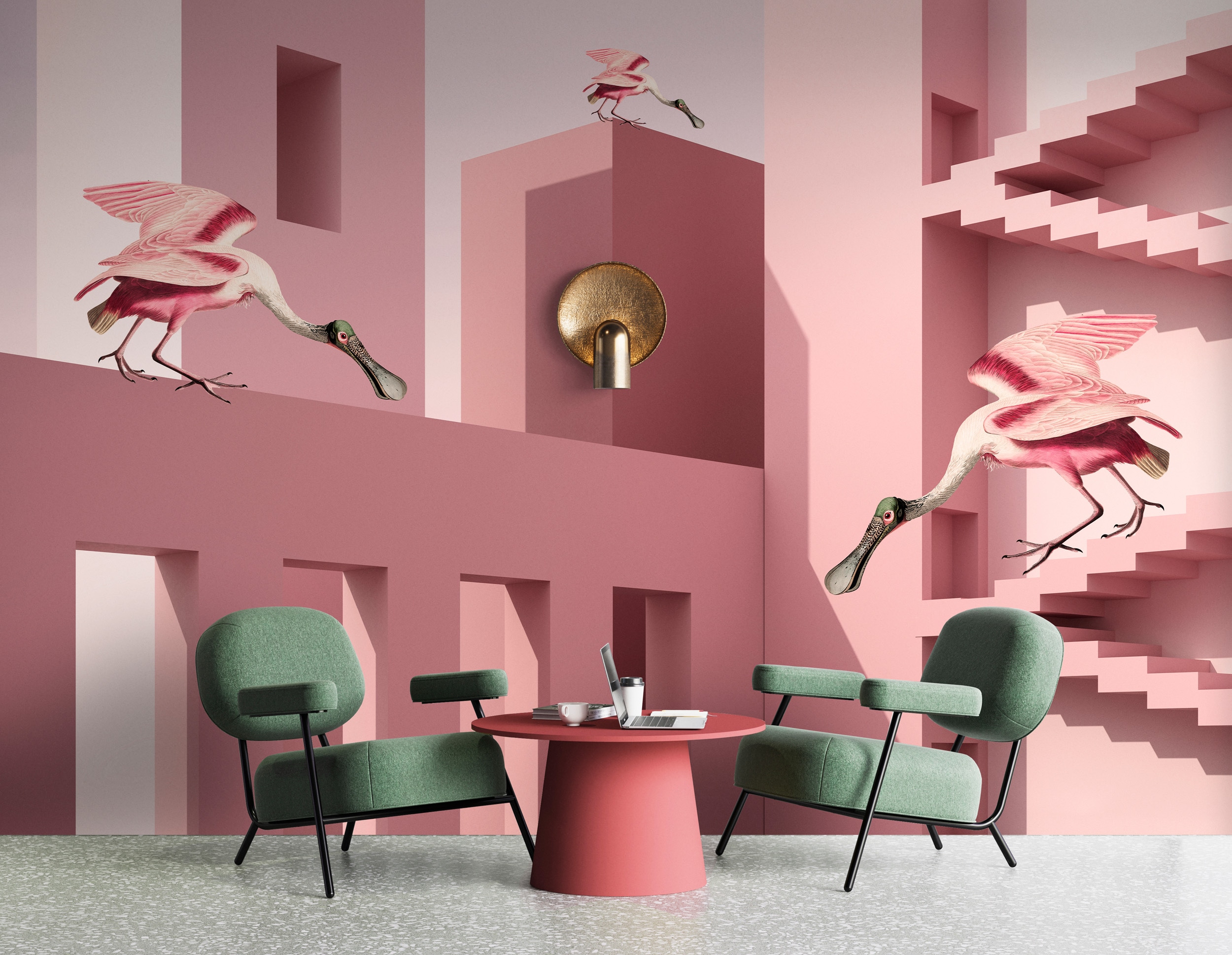 living walls Vliestapete "Fototapete Flamingos Architektur Rosa modern" matt glatt