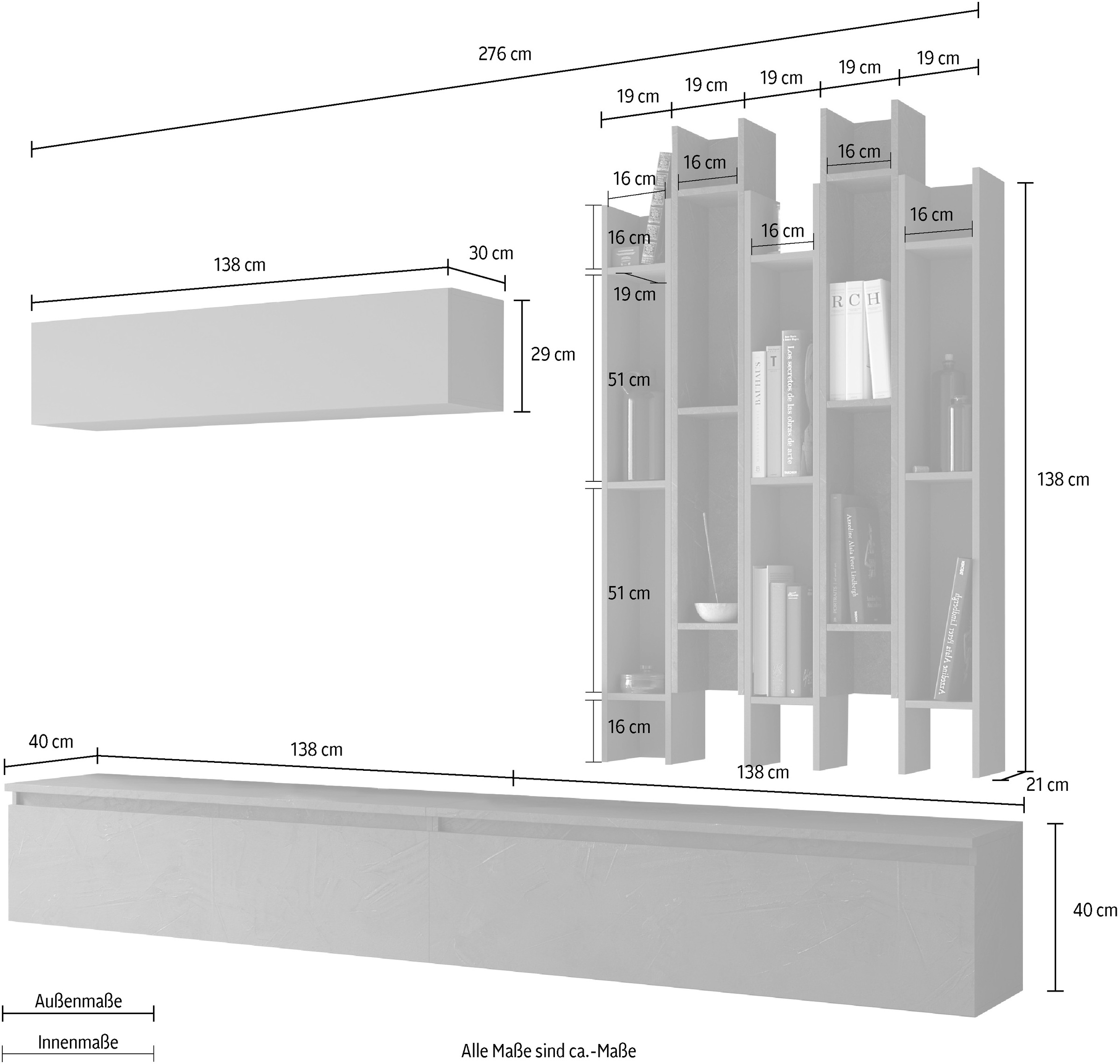 INOSIGN Wohnwand »INFINITY, 8tlg. Breite 276 cm, Höhe variabel, Schrankwand, Anbauwand«, (2x Lowboard, Hängeschrank, 5x Wandregal)