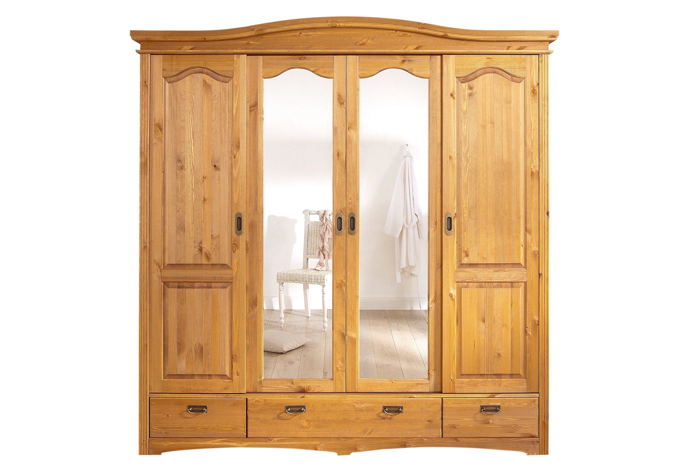 Home affaire Schiebetürenschrank »Konrad, Landhausstil, rustikal, mit Schubladen + Spiegel, Kassetten«, (3 Breiten: 153/202/249 cm H/T ca.207/64 cm), massive Kiefer, FSC®-zertifiziert, Messinggriffe, mehrere Varianten