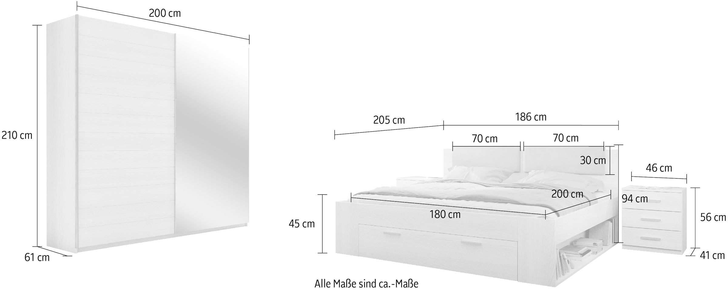 INOSIGN Schlafzimmer-Set »Galaxy«, (4 tlg.), Bett mit gepolsterten Kopfteilen und Stauraumschublade