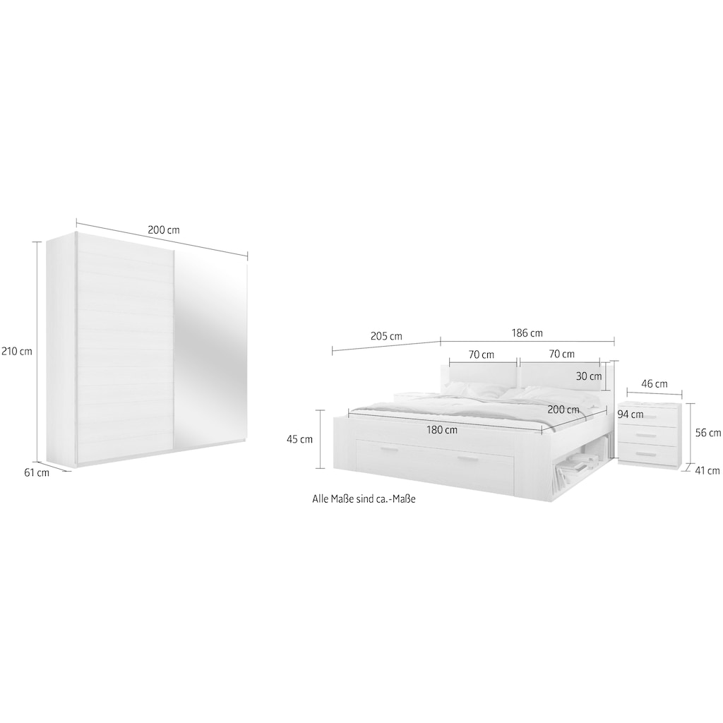 Helvetia Schlafzimmer-Set »Galaxy«, (4 St.), Bett mit gepolsterten Kopfteilen und Stauraumschublade