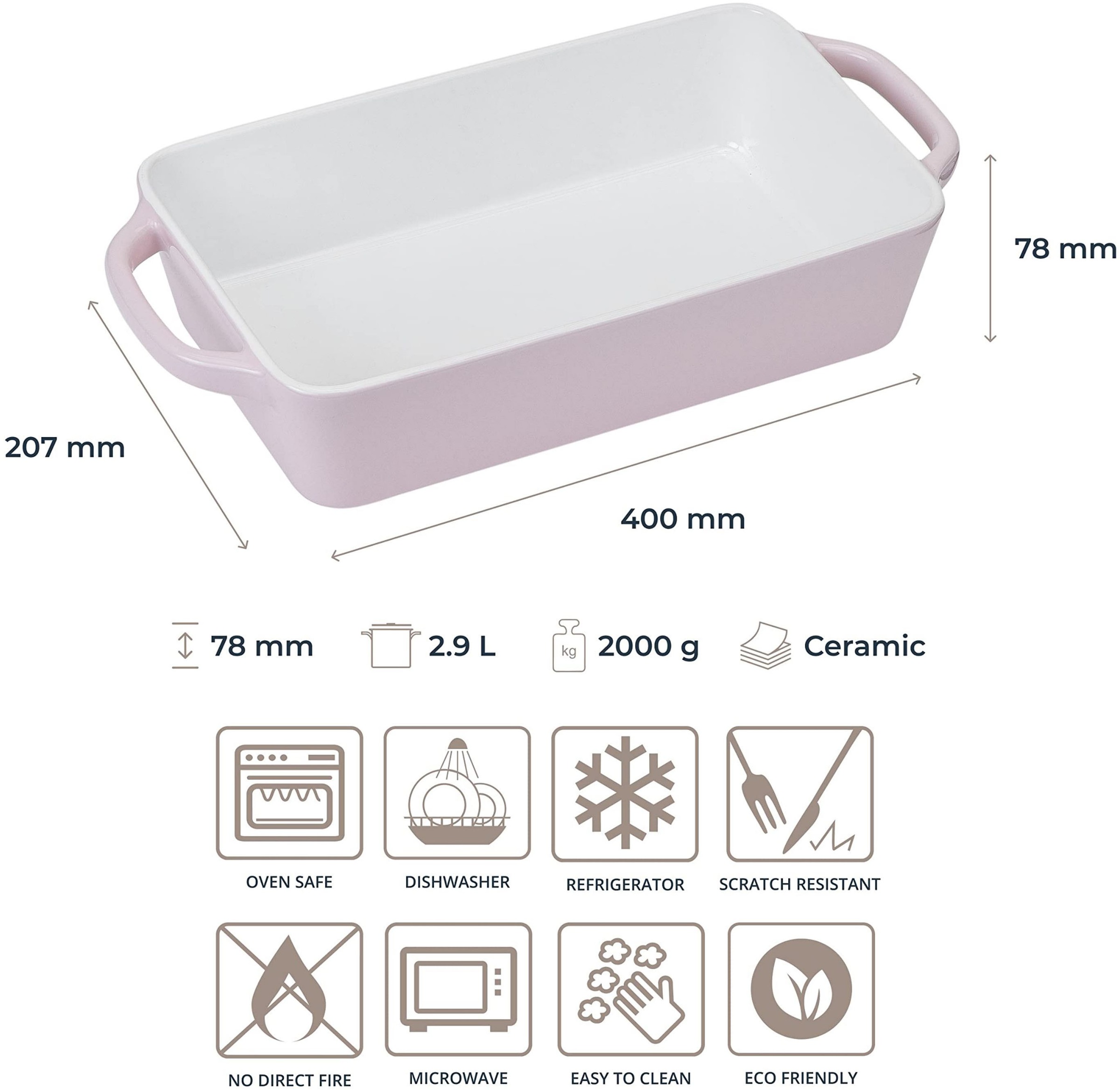 RESTO Kitchenware Auflaufform »Fornax Backform Groß Hoher Rand Lasagneform Antihaftbeschichtet«, Keramik, (1 St.), Rechteckig aus Keramik, rosa, in 2 Größen, für Brot, Lasagne, Brownie