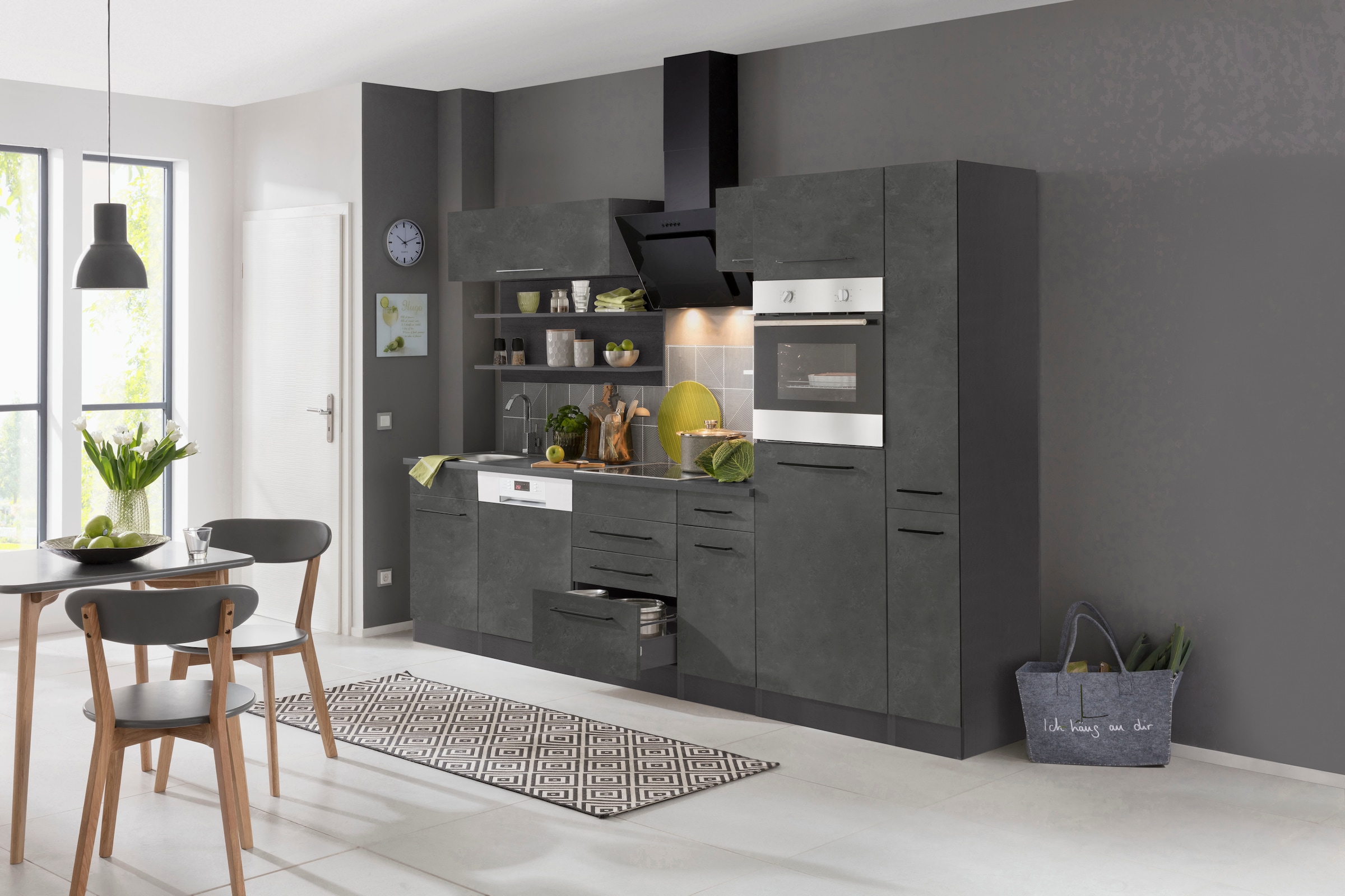 KOCHSTATION Küchenzeile »KS-Tulsa«, mit E-Geräten, Breite 270 cm, schwarze Metallgriffe, MDF Fronten