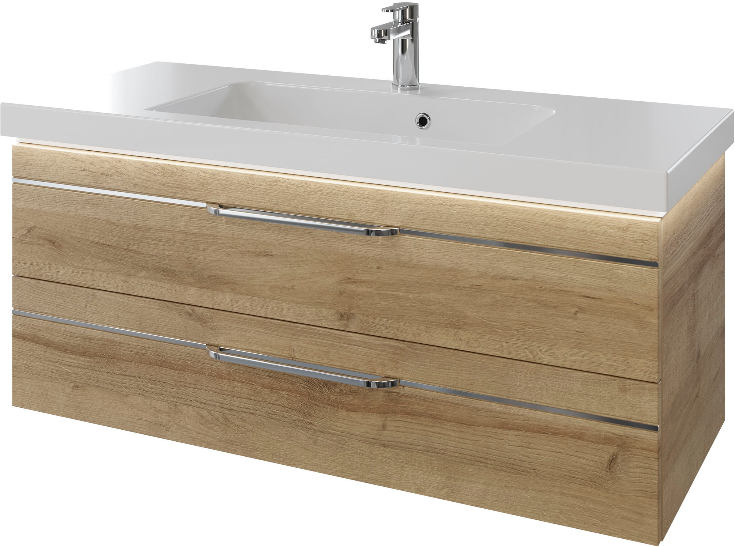 Saphir Badmöbel-Set »Balto 2-teilig Mineralmarmor-Waschtisch mit LED-Spiegel, 123 cm breit«, (2 St.), Waschplatz mit 2 Schubladen, Badschrank inkl. Schubladendämpfer