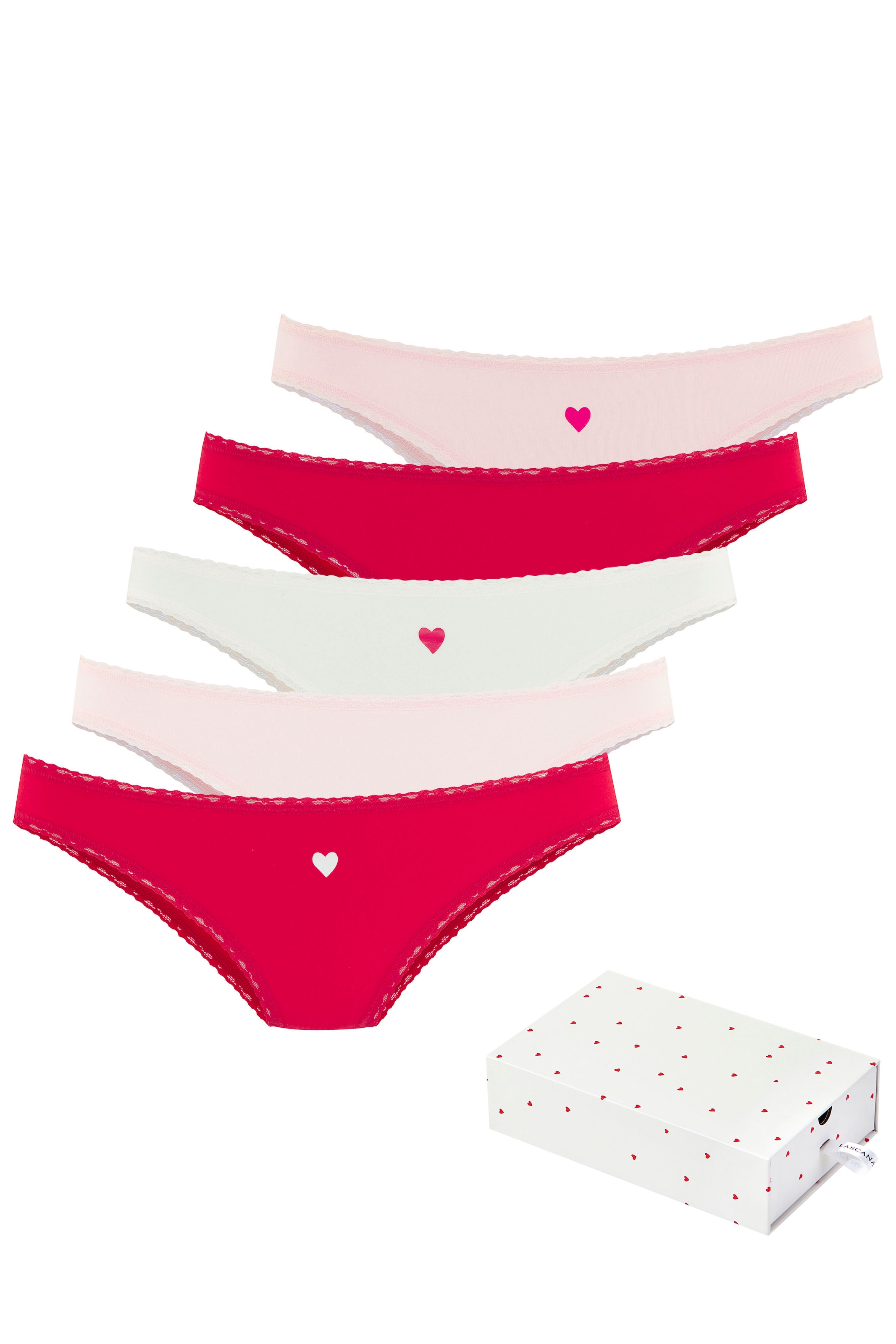 LASCANA Brasilslip "Geschenk Box" 5er-Pack, mit süßen Herzchen-Prints und aus elastischer Baumwoll-Qualität