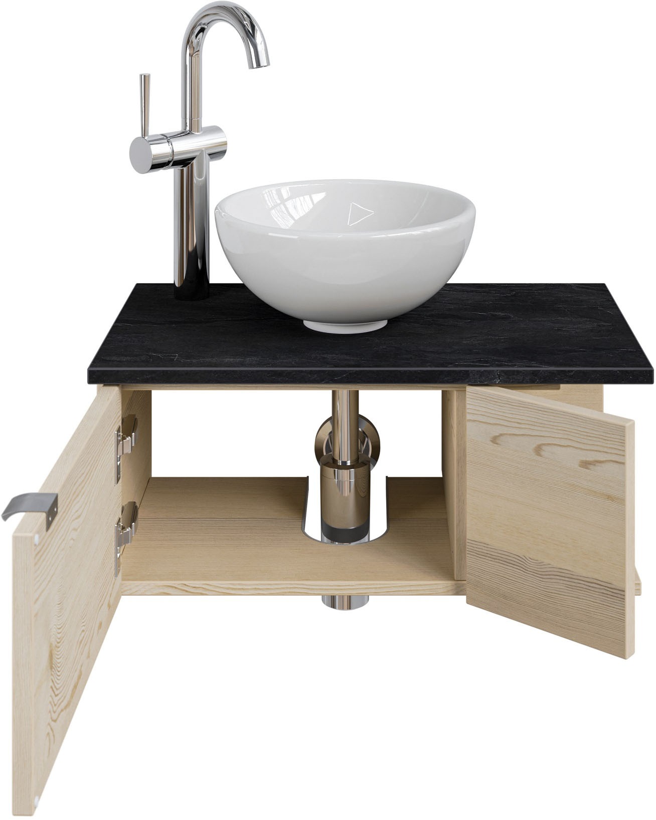 Thumbnail - Saphir Waschtisch "Serie 6915 Waschschale mit Unterschrank für Gästebad, Gäste WC", 61 cm mit Keramik-Aufsatzbecken, 2 T...