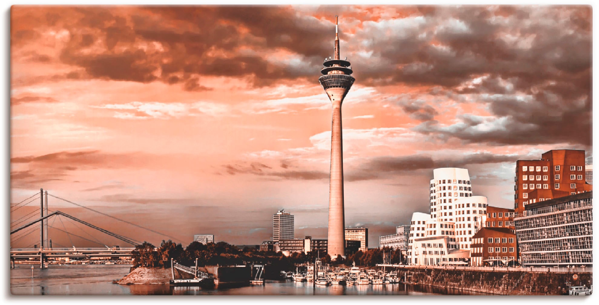 Artland Leinwandbild "Düsseldorf Skyline III" Architektonische Elemente 1 Stk. tlg. auf Holzrahmen gespannt