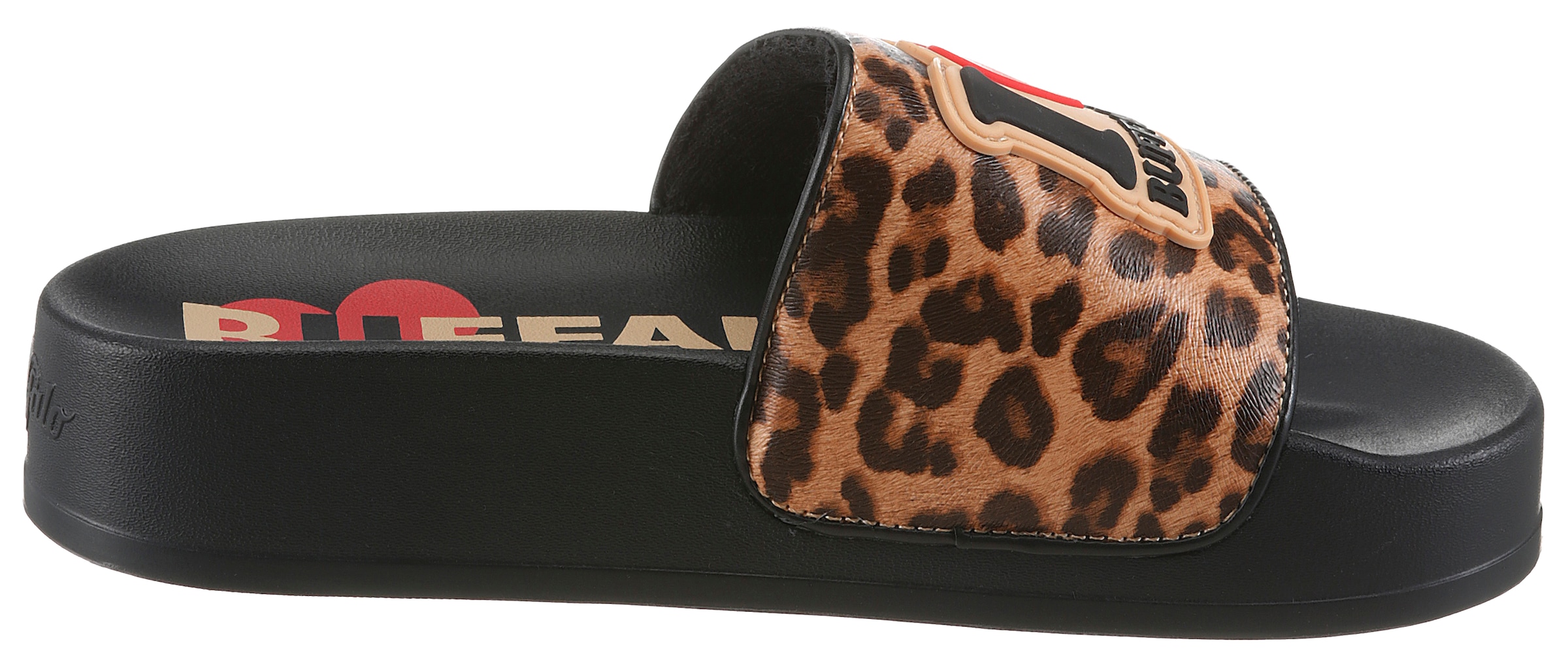 Buffalo Pantolette  Sommerschuh, Strandschuh, Badeschuh in Leo-Optik, Plateausohle