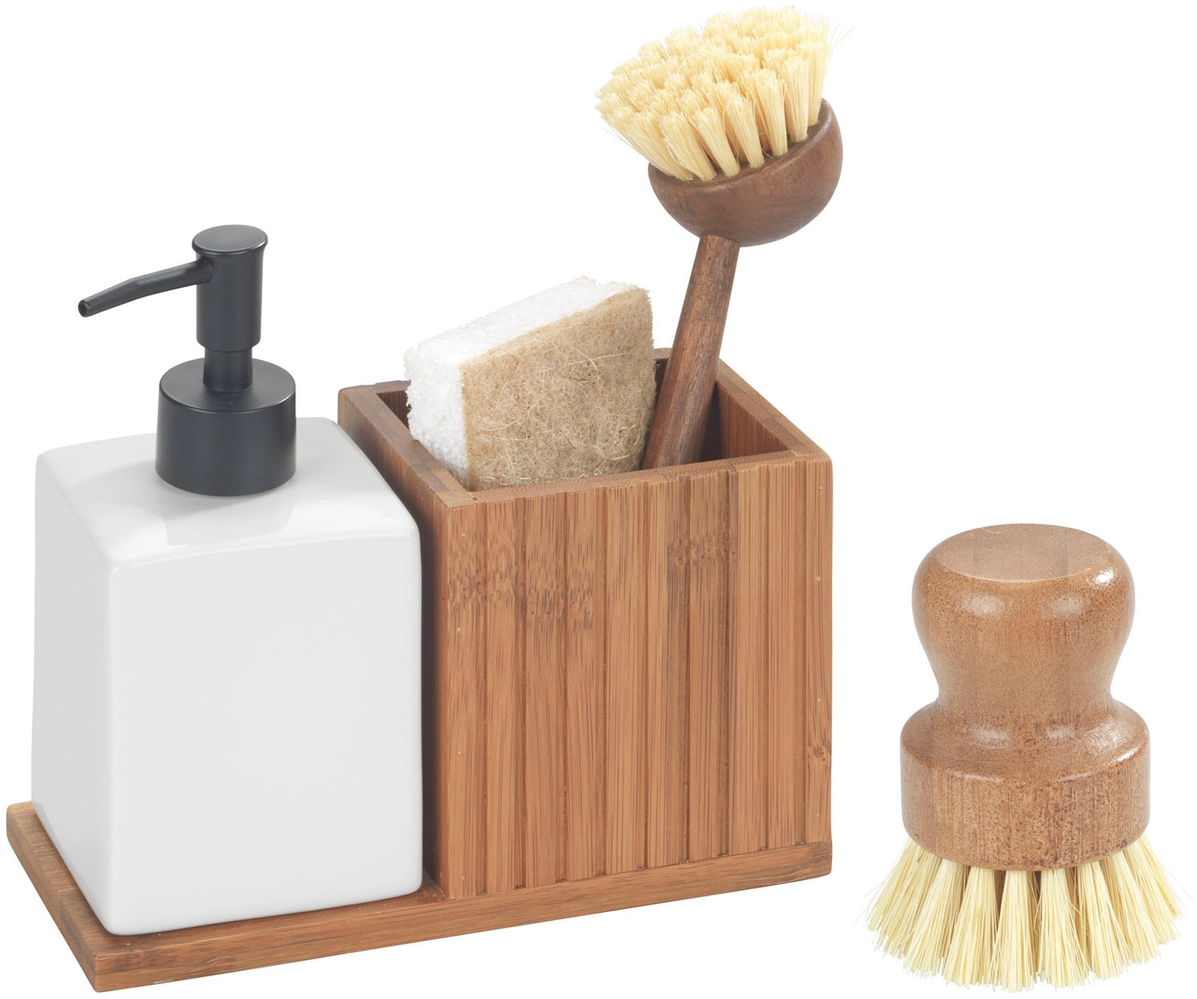 WENKO Spülmittelspender "Spül-Set aus Bambus", braun, Dosierspender, mit Dosierspender, Utensilienhalter, Schwamm und 2 Spülbürsten