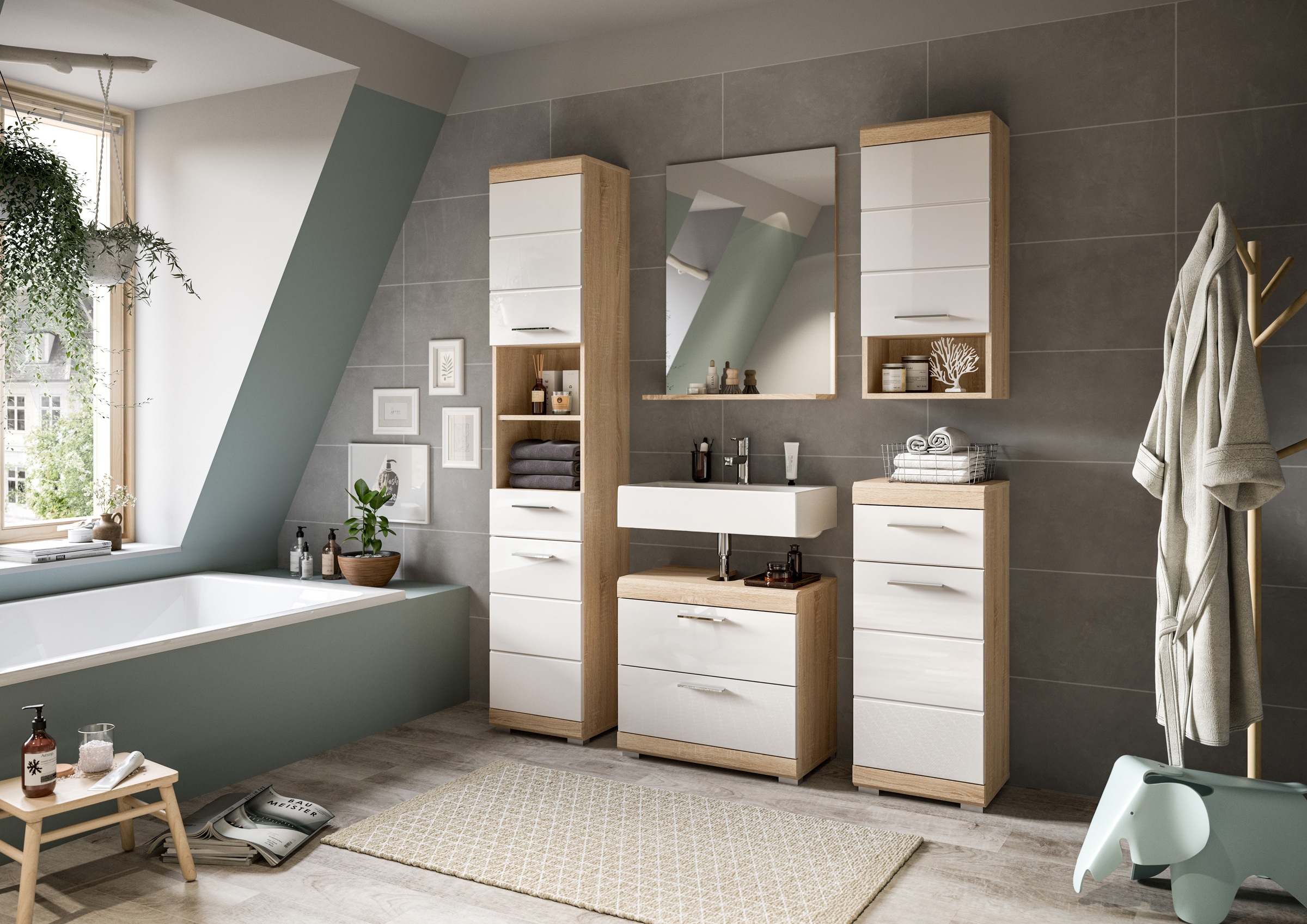 INOSIGN Badmöbel-Set »Siena, 3 teilig, bestehend aus:«, (Set), Hochschrank, Waschbeckenunterschrank, Spiegel