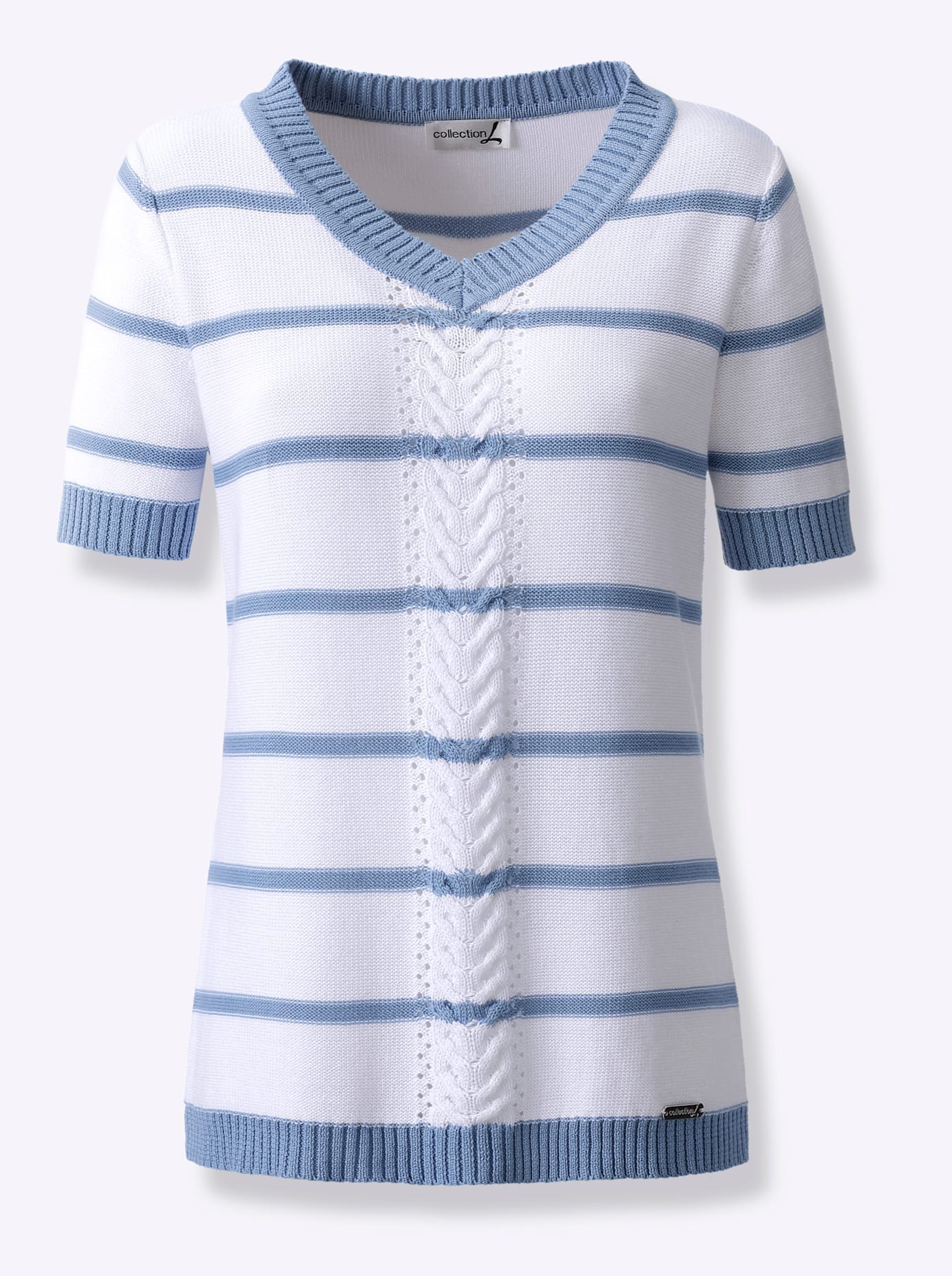 Kurzarmpullover CASUAL LOOKS "Kurzarm-Pullover", Damen, Gr. 54, blau (bleu), 50% Baumwolle, 50% Polyacryl, gemustert, gestreift, mehrfarbig, Pullover