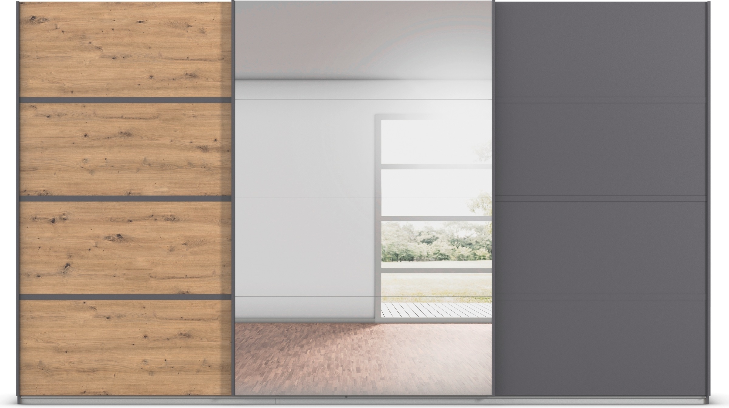 rauch Kleiderschrank »Schwebetürenschrank OTTO´s Choice Garderobe Schrank TOP ANGEBOT Avola«, (in 3 verschiedenen Ausstattungen BASIC/CLASSIC/PREMIUM inkl. Spiegel), mit eleganten Zierleisten in Chrom, Schwarz oder Weiß MADE IN GERMANY