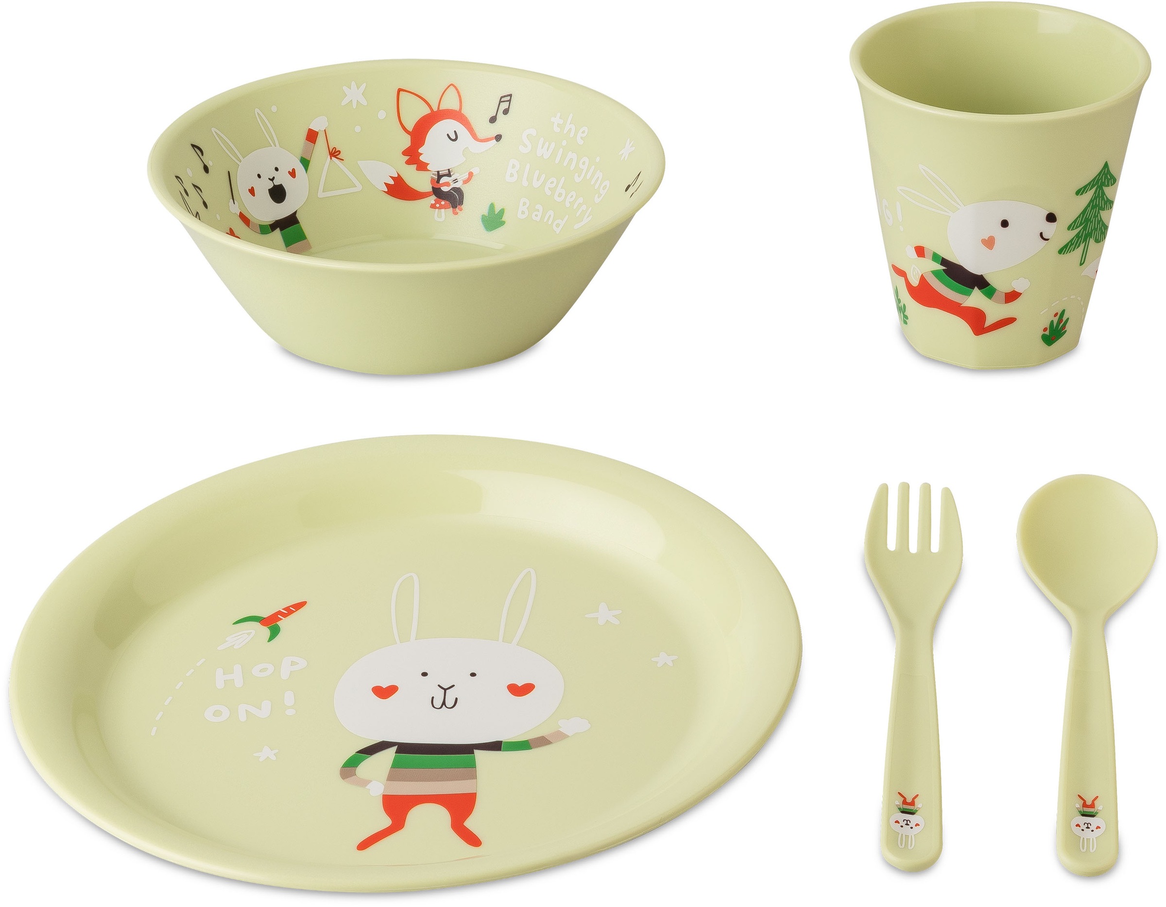 KOZIOL Kindergeschirr-Set "HOP ON AT HOME", 4 Stk., grün, Geschirr-Sets, (Teller, Schale, Becher, Besteckset), melaminfrei