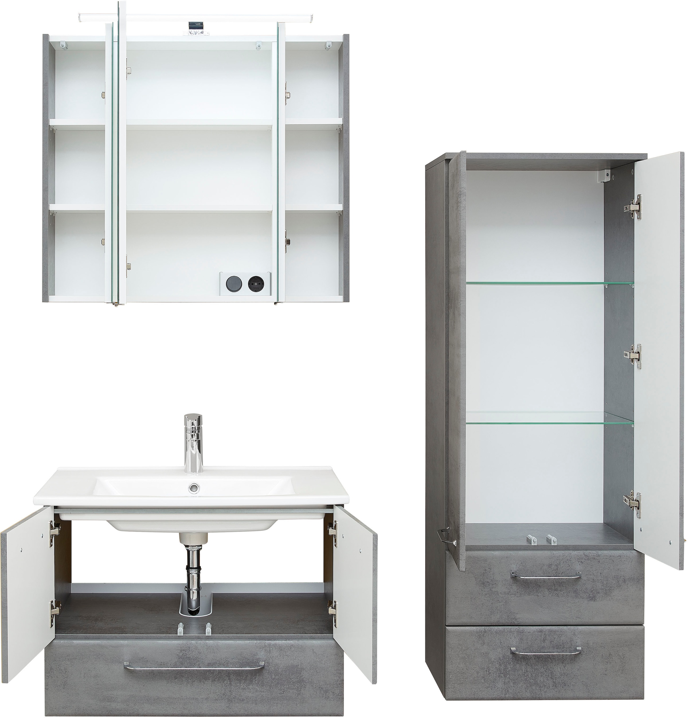 Saphir Badmöbel-Set »Quickset 945 3-teilig, Keramik-Waschtisch mit LED-Spiegelschrank«, (4 St.), Midischrank, 7 Türen, 3 Schubladen, 8 Einlegeböden, inkl. Türdämpfer