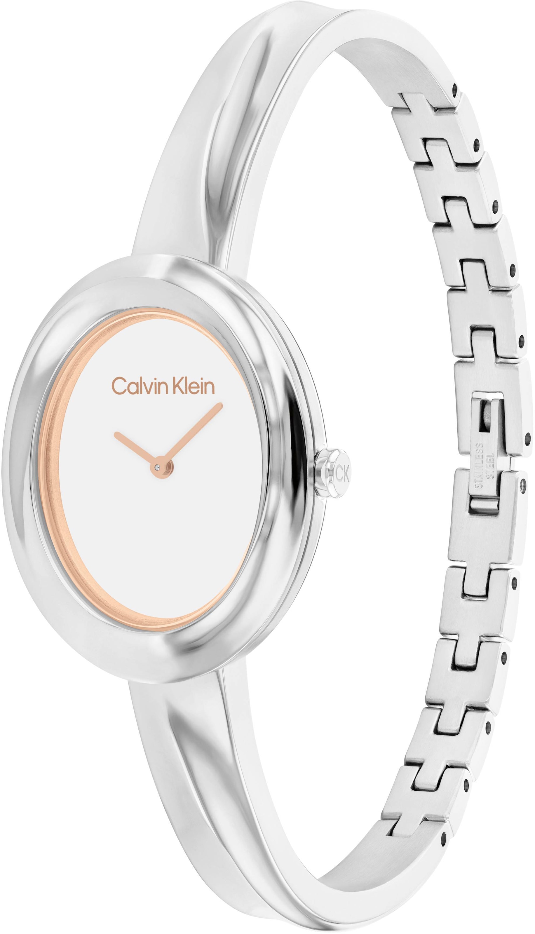 Calvin Klein Quarzuhr »TWISTED BEZEL BANGLE«, Armbanduhr, Damenuhr, Edelstahlarmband, analog