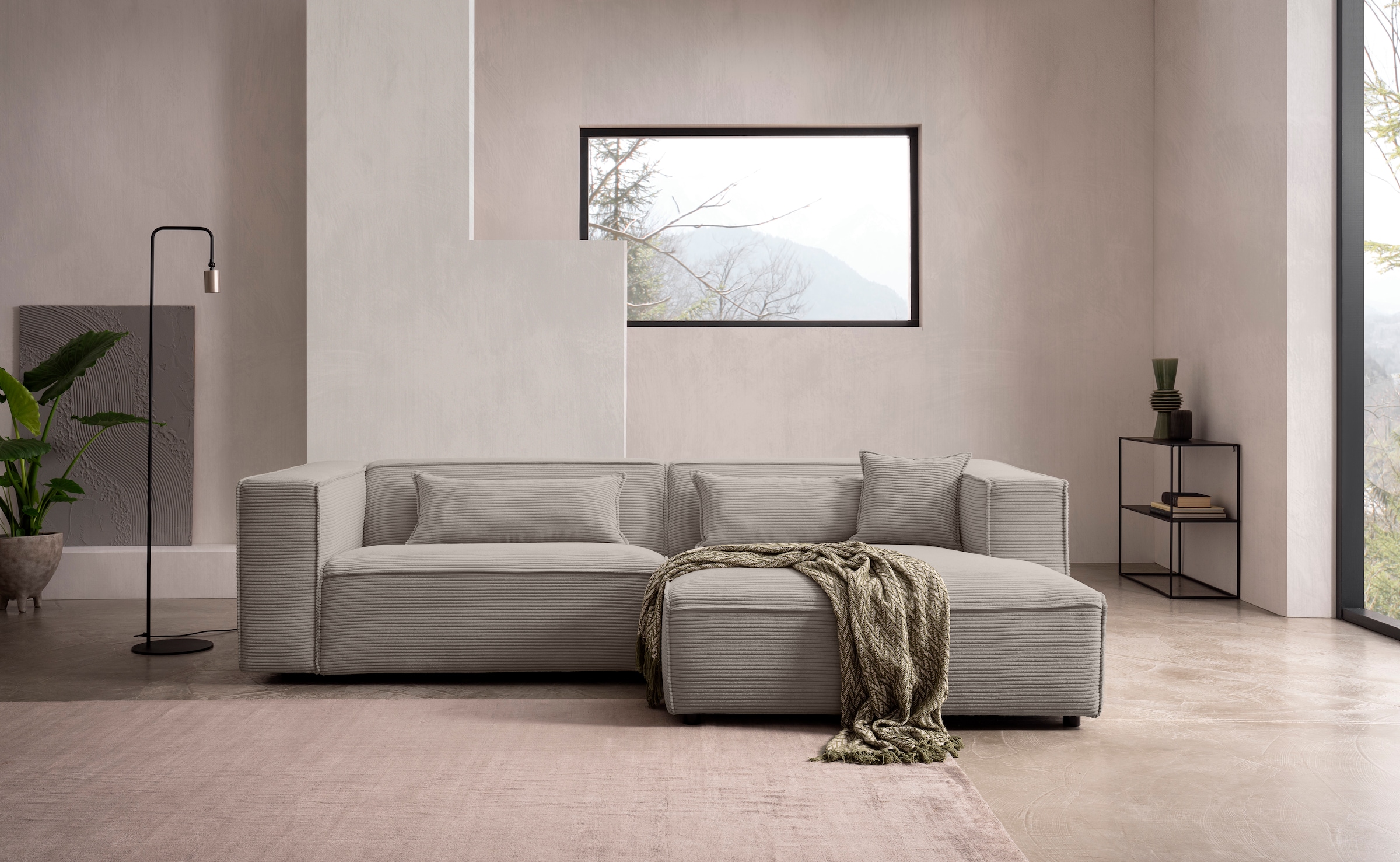 LeGer Home by Lena Gercke Ecksofa »PIARA mit Kedernaht, Cord, Leinenoptik o. Strukturstoff, Couch, L-Form«, wahlweise Ottomane rechts/links, schwarze Füße, bequemer Sitzkomfort