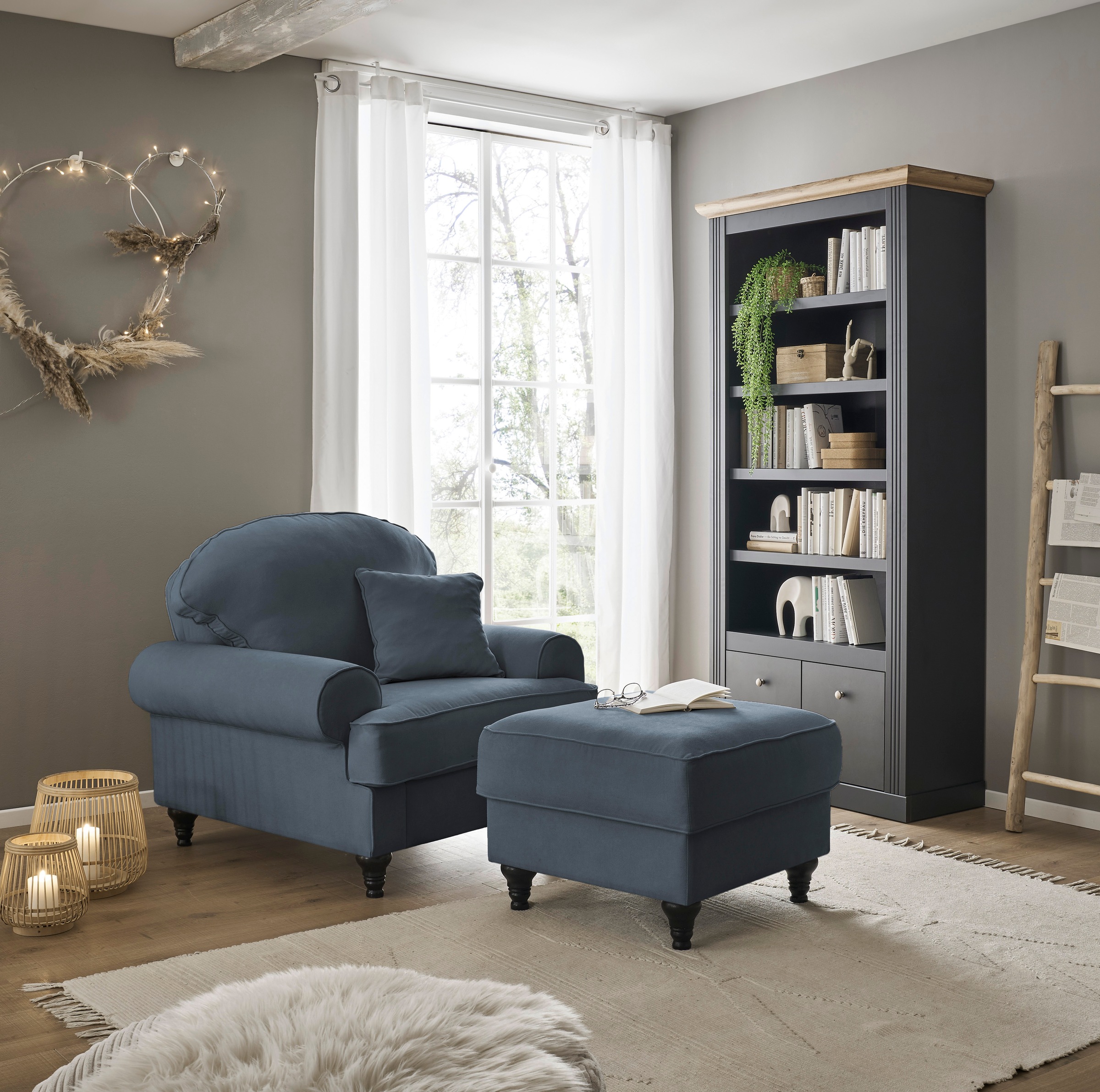 OTTO home Sessel "Westminster, Set in hochwertigem Microfaserbezug, 5 Farben verfügbar" Set, 1Sessel, 1 Hocker, 2 Stk. tlg. Enthält Sessel & Hocker, Federkern-Polsterung, gedrechselter Fuß
