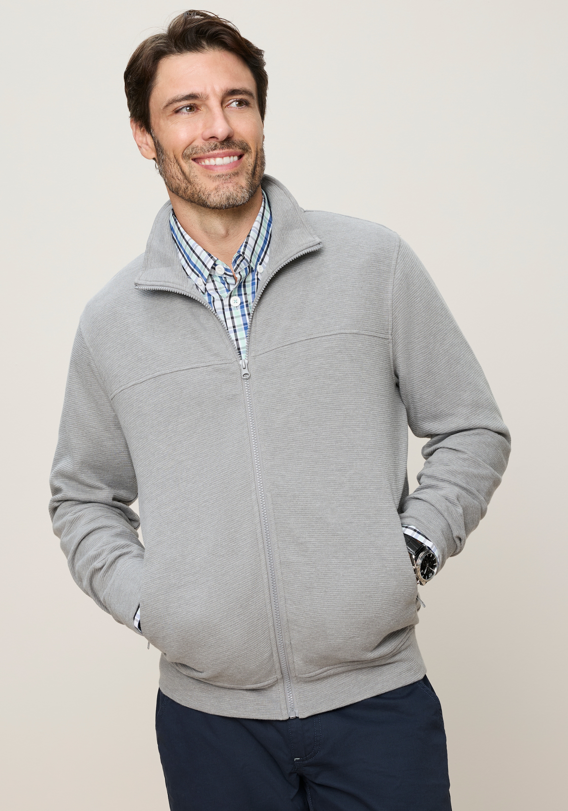 Man's World Sweatjacke mit hochschließendem Kragen, markante Querteilungsnaht