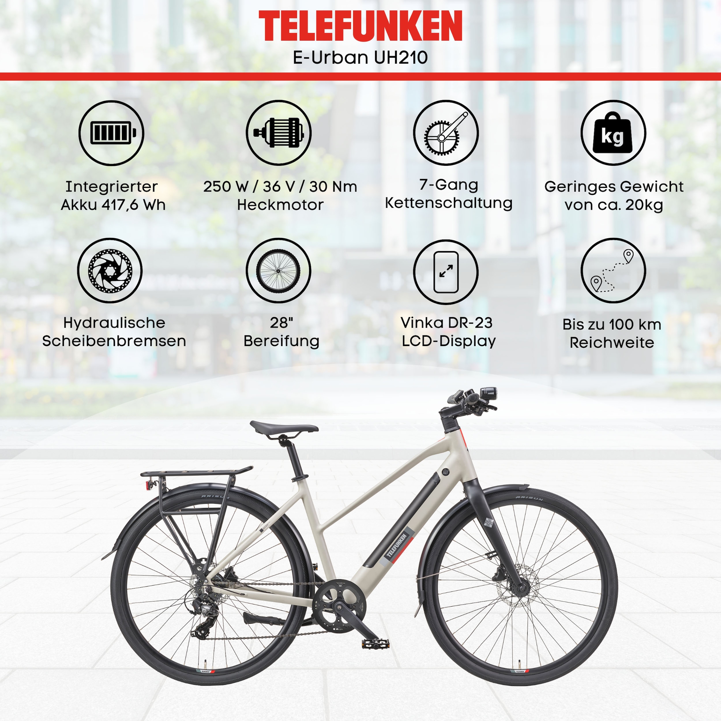 Telefunken E-Bike »UH210 Damen«, 7 Gang, Shimano, Heckmotor 250 W, (28 Zoll, Straßenzulassung, Drehmomentsensor), Pedelec, Elektrofahrrad für Damen, Urbanbike, Cityrad