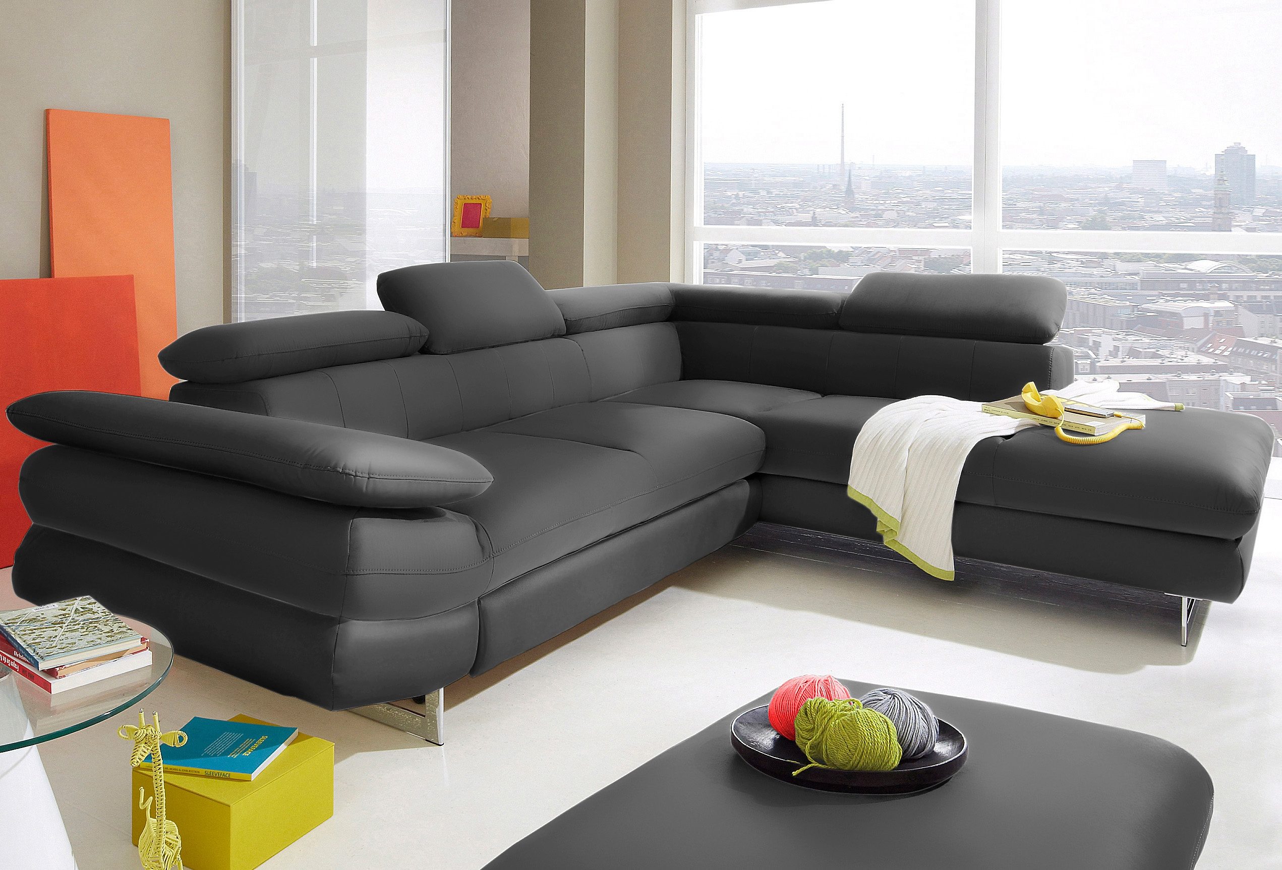 COTTA Ecksofa "Solution L-Form, Design Sofa, bequeme Wellenunterfederung, Design Fuß" mit Arm- & Kopfteilverstellung, wahlweise mit Schlaffunktion
