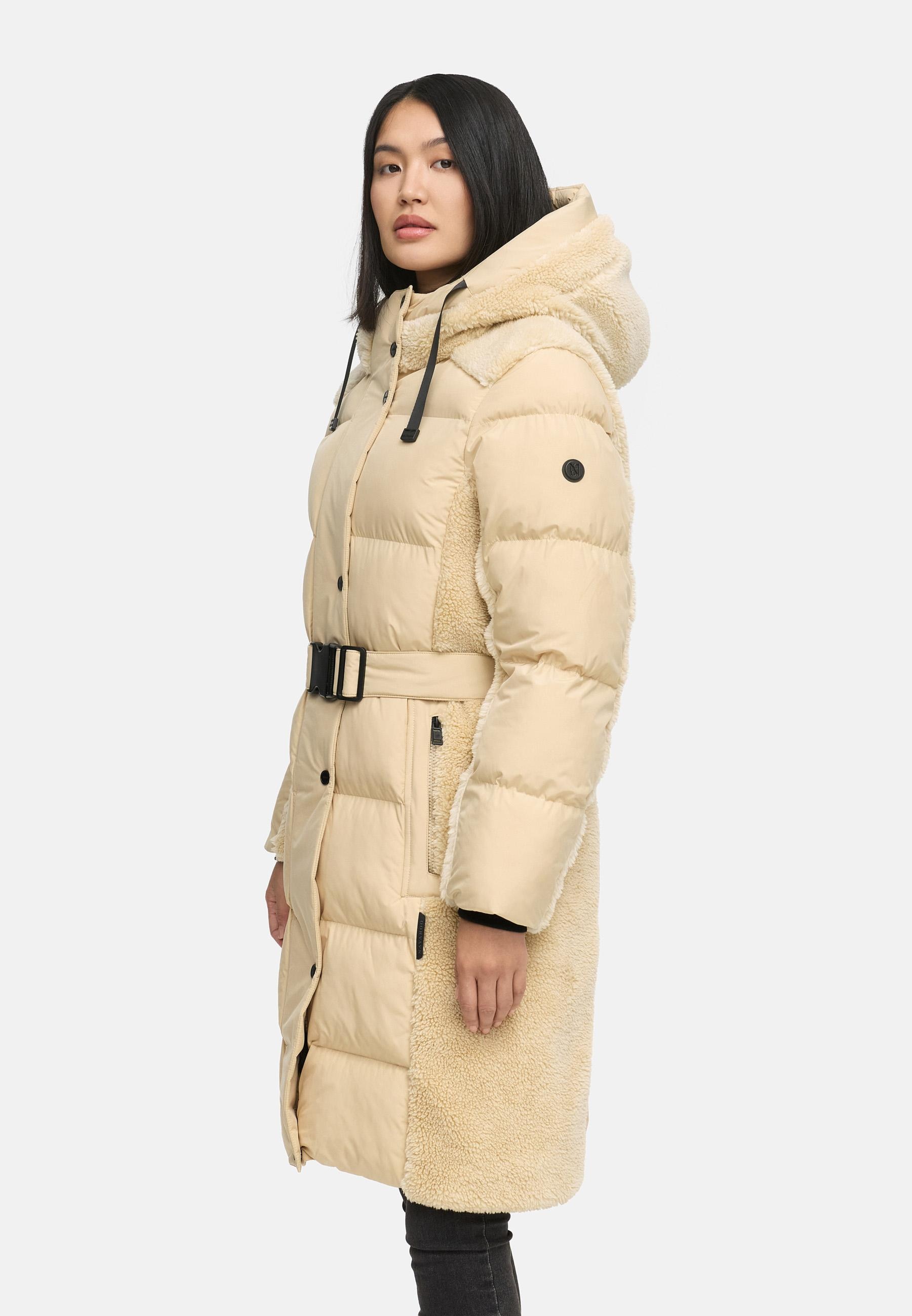 Navahoo Wintermantel »Funkelteddy 14«, warmer Mantel mit Teddyplüsch-Akzenten und Taillengürtel