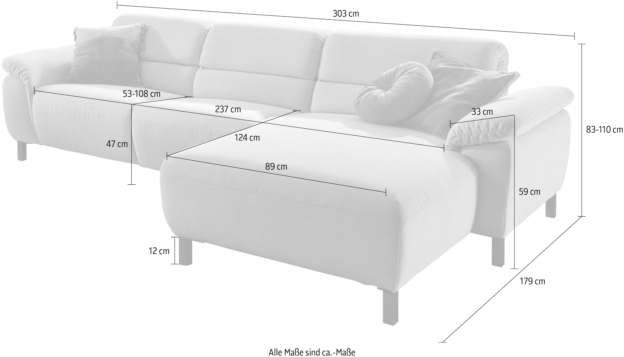 Places of Style Ecksofa »Trapani L-Form«, mit teilmotorischer Relaxfunktion und klappbaren Armlehnen