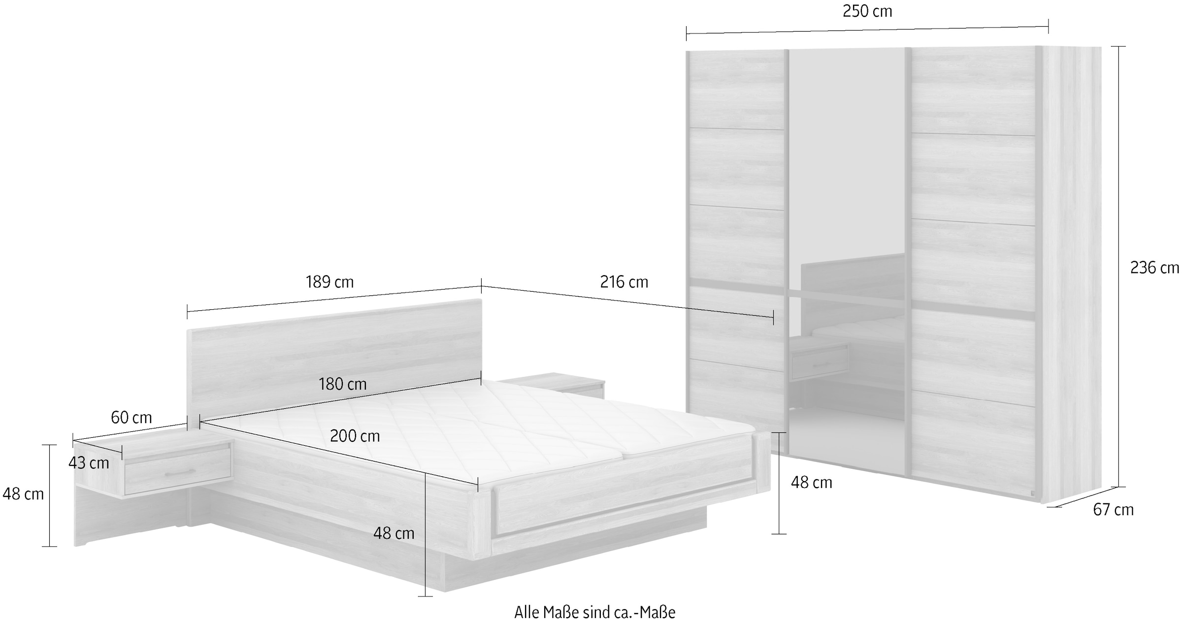 Musterring Schlafzimmer-Set »Sorrent, Kleiderschrank, Bett & Nachtkommoden, teilmassiv Eiche«, (2er-Set Nachtschränke, Schwebetürenschrank 250 cm, Bett 180x200 cm), mit Schwebetürenschrank, Bett schwebende Optik, Breite Schrank 250cm