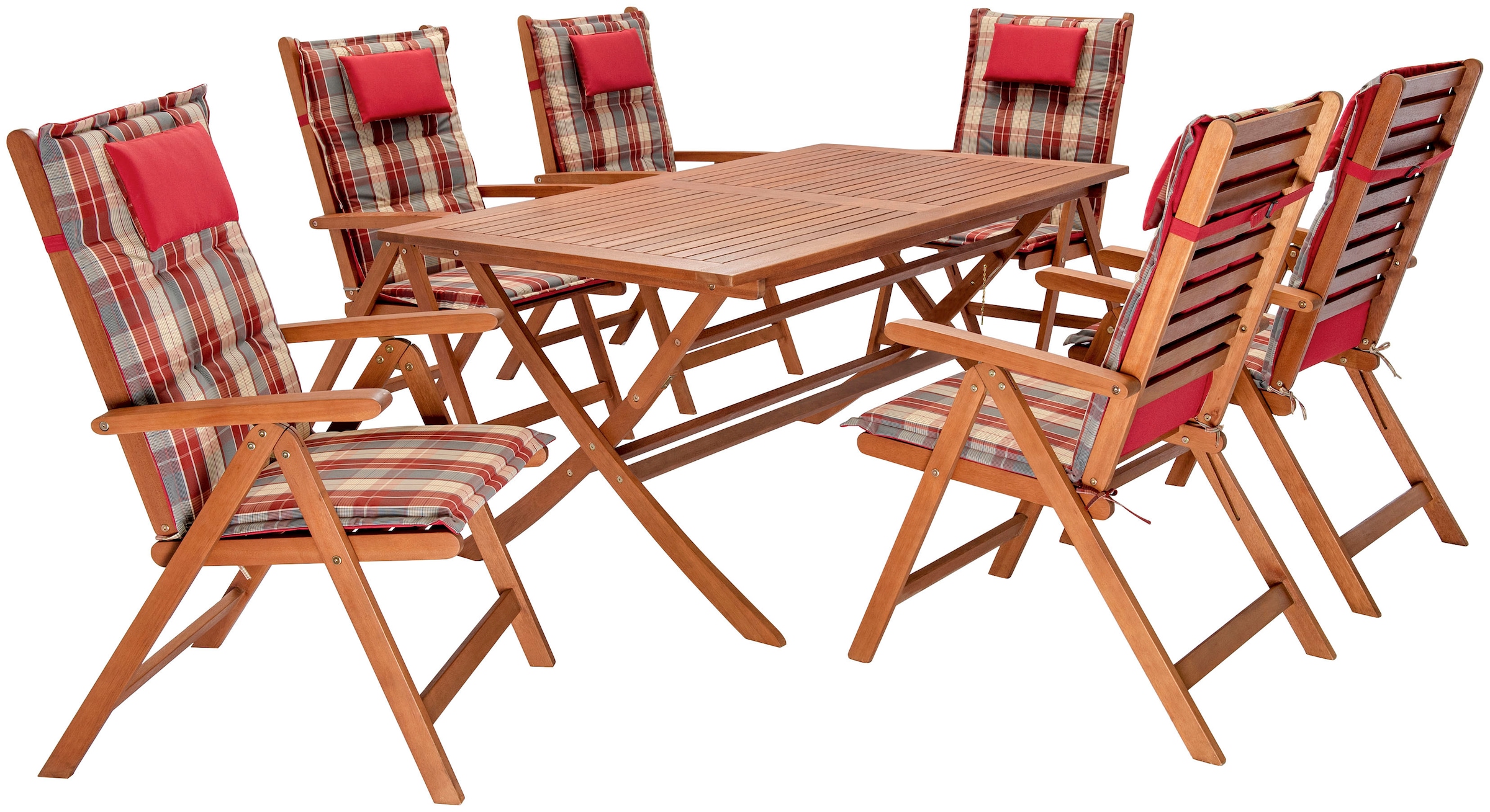 KONIFERA Garten-Essgruppe »Salvador«, (Set, 13 tlg., 6x Stuhl, 1x Tisch 160x90x74 cm, inkl. Auflagen, Stühle sind klappbar), zertifiziertes Eukalyptus, Rückenlehne ist 5-fach verstellbar