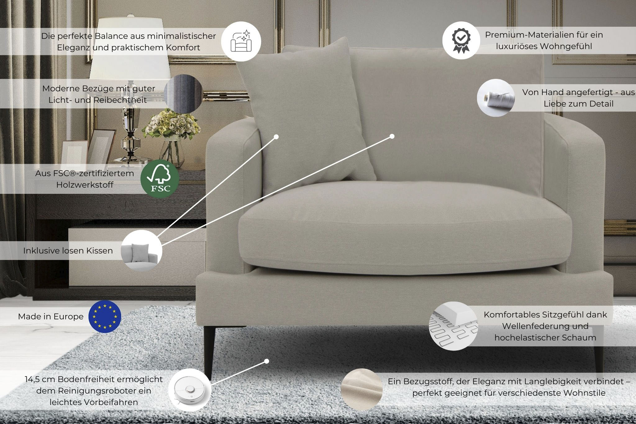 Thumbnail - Leonique Sessel "Cozy Loungesessel, Designersessel, Maße B/T/H: 91/97/80 cm", mit Metallbeinen und Zierkissen
