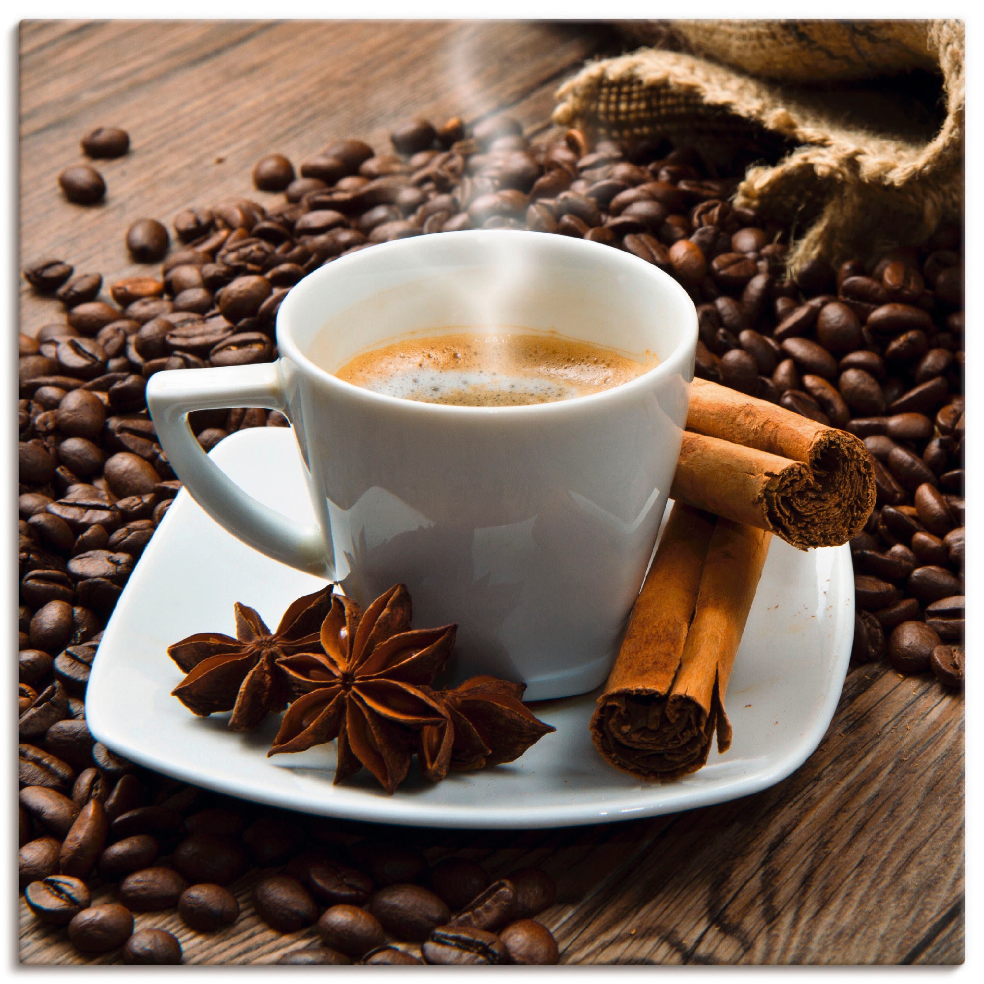 Artland Wandbild "Kaffeetasse Leinensack mit Kaffeebohnen" Getränke 1 Stk. günstig online kaufen