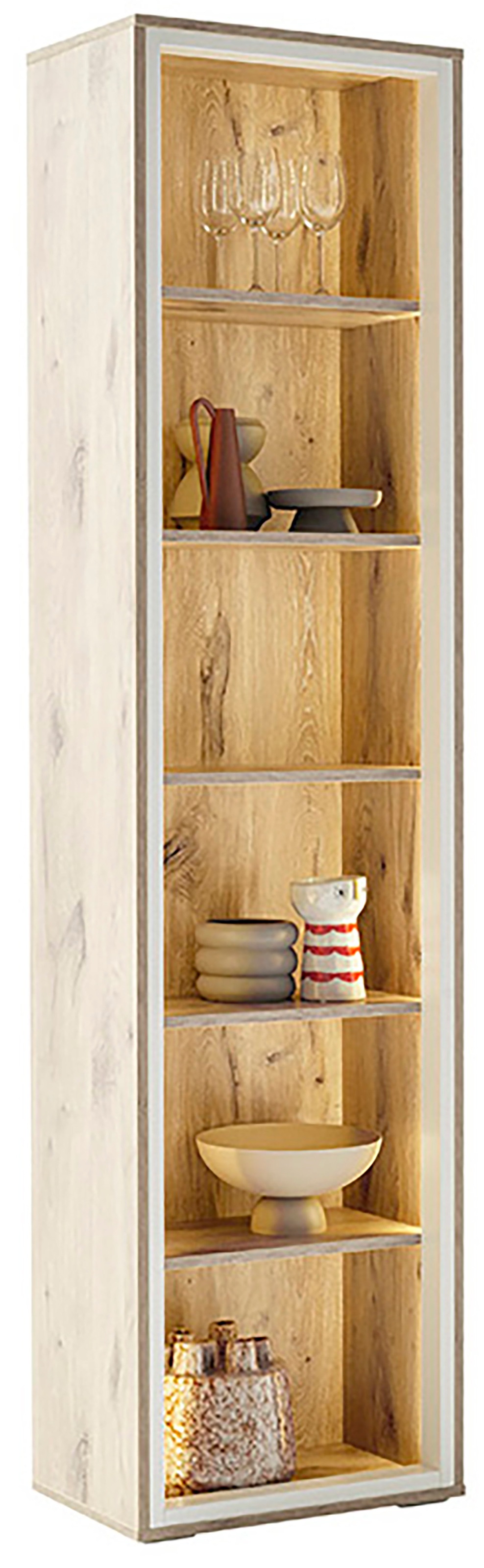 MCA furniture Vitrine »SANTERNO«, 6 Fächer, Regal, Korpus Beleuchtungsrahmen Soft White, Höhe 197 cm