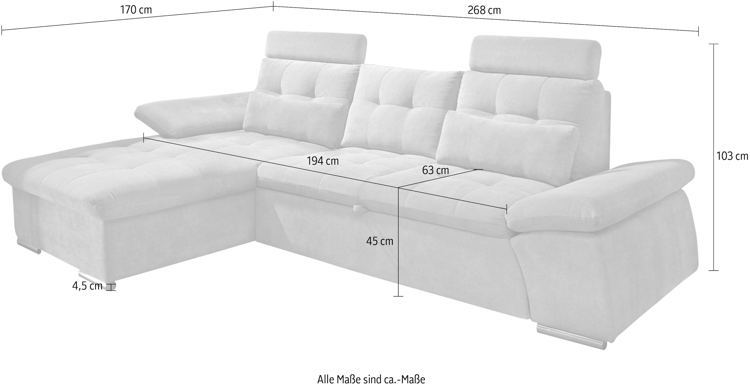 ED EXCITING DESIGN Ecksofa »Nalo L-Form«, mit Bettfunktion, Kopfstützen, Nierenkissen, Armteilverstellung