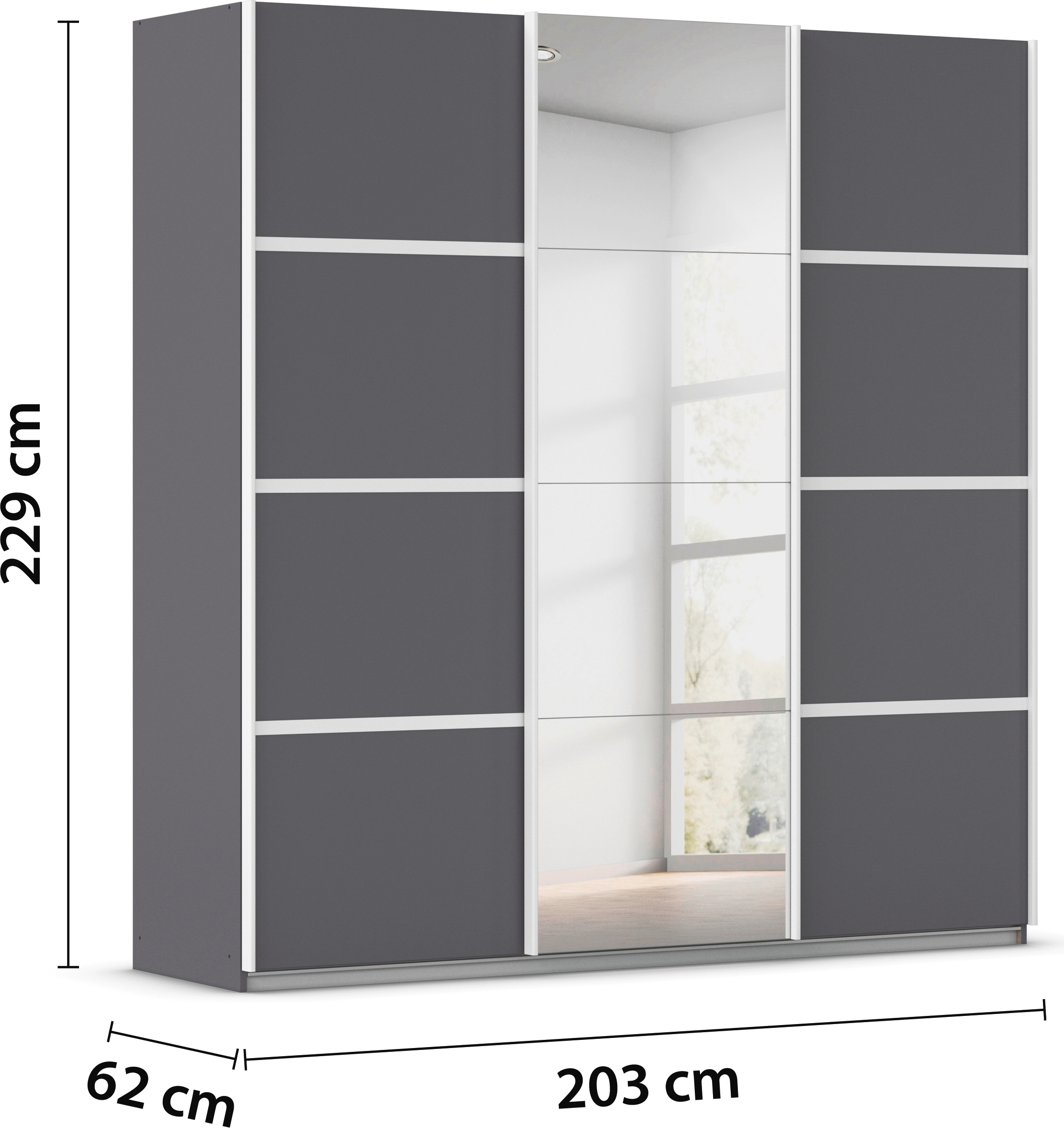 rauch Kleiderschrank »Schwebetürenschrank OTTO´s Choice Garderobe Schrank TOP ANGEBOT Avola«, (in 3 verschiedenen Ausstattungen BASIC/CLASSIC/PREMIUM inkl. Spiegel), mit eleganten Zierleisten in Chrom, Schwarz oder Weiß MADE IN GERMANY