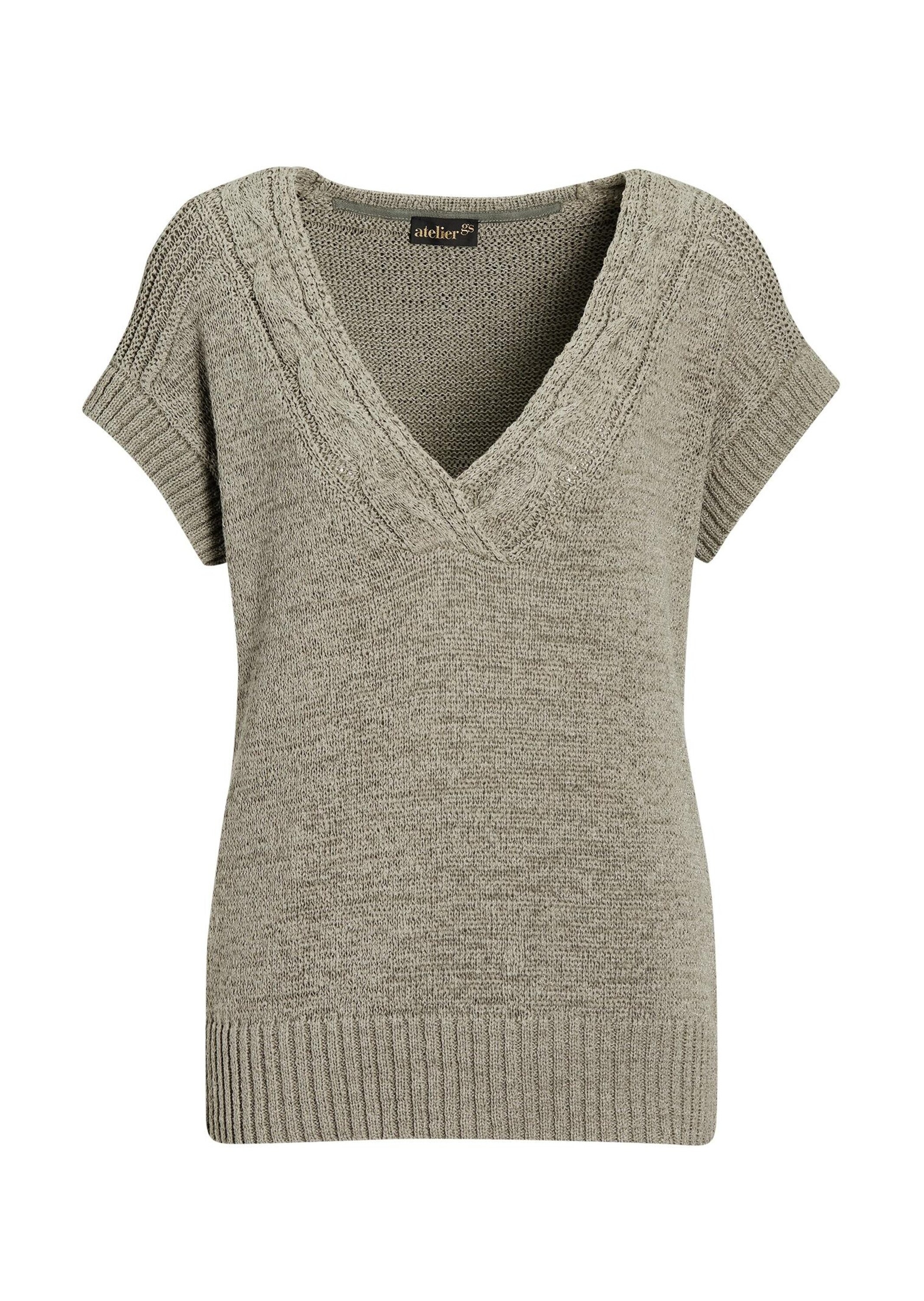 Rundhalspullover GOLDNER "Kurzgröße Trageangenehmer Pullunder", Damen, Gr. 22, grün (graugrün), Obermaterial: 60% Polyester PES. 40% Baumwolle CO., keine/nicht relevant, Pullover Rundhalspullover, Modischer Ausschnitt