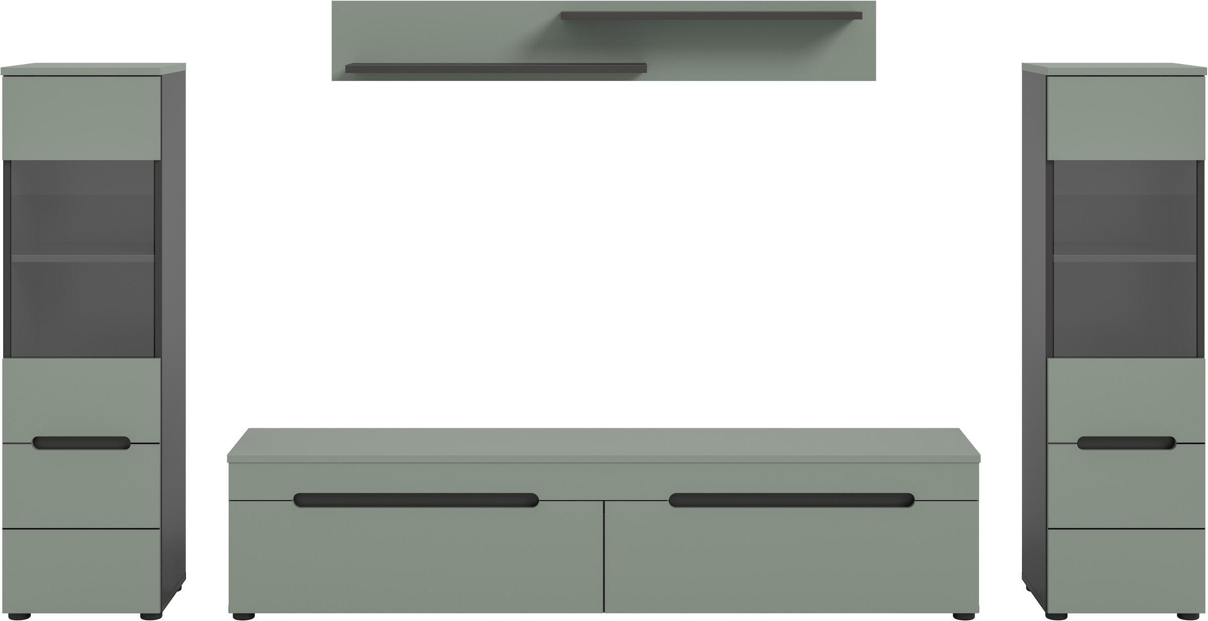 INOSIGN Wohnwand »REHAT, TOPSELLER!, 4-teilig, wahlweise stehend und hängend montierbar«, (3 St., Set bestehend aus: 2x Vitrine, Lowboard und Wandboard), Kombination, Anbauwand, Set, Wohn-Set, Wohnzimmer-Set, Schrankwand