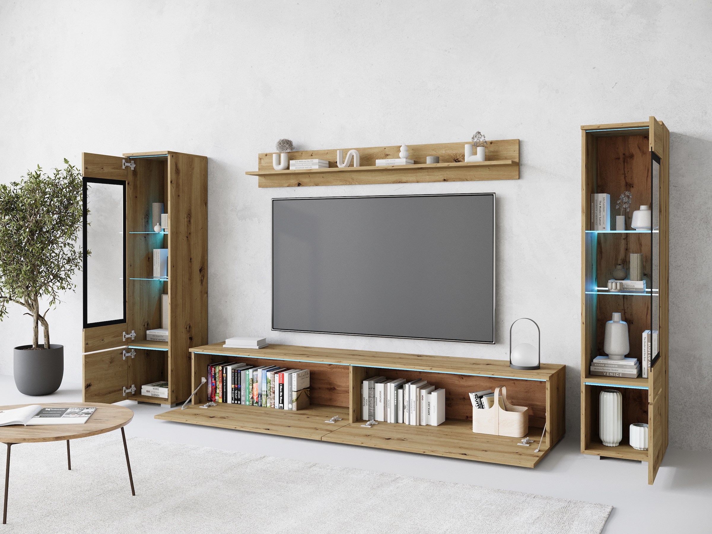 INOSIGN Wohnwand »VERA II, Vitrinen Türanschlag wechselbar«, (Komplett-Set, 4 St.), Vitrine mit Verglasung, stehend und hängend, inklusive Beleuchtung