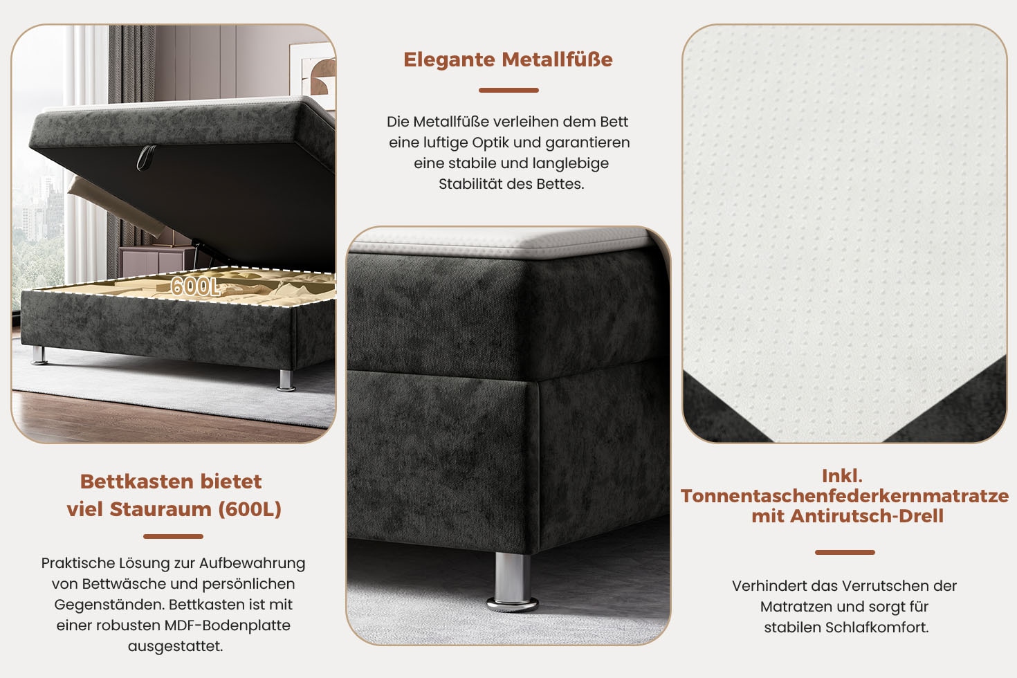 OTTO home Boxbett »EMILLIAN, Polsterbett mit Bettkasten und Taschenfederkernmatratze H3« mit Kaltschaumtopper, Chenille-Bezug, Liegefläche 140x200 cm