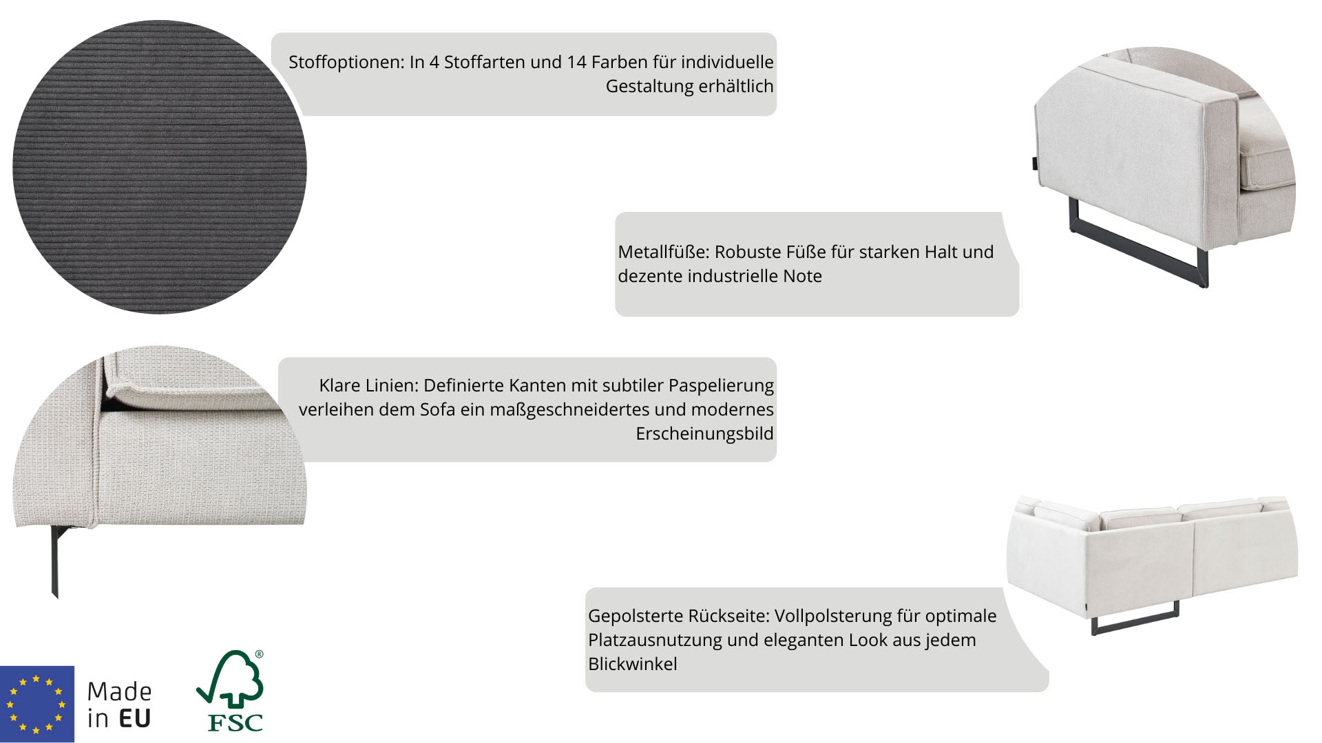 PLACES OF STYLE 2-Sitzer »Pinto, 166 cm, Cord, Chenille, Lederoptik« mit Keder, schwarze Metallfüße, Wellenunterfederung