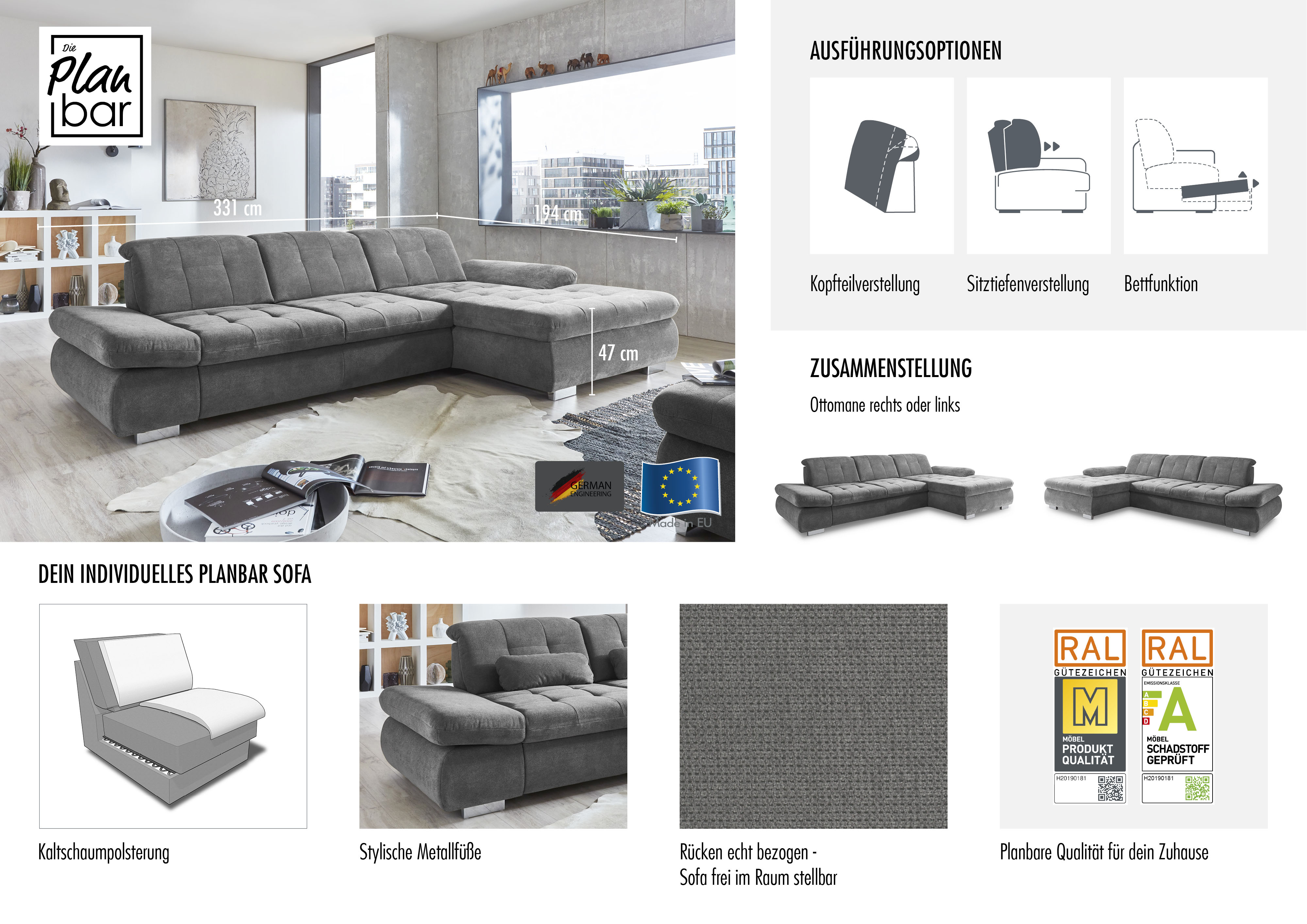 Thumbnail - Die PlanBar Ecksofa "MP-IN17004 L-Form", wahlweise mit Bettfunktion, Sitztiefen- und Kopfteilverstellung